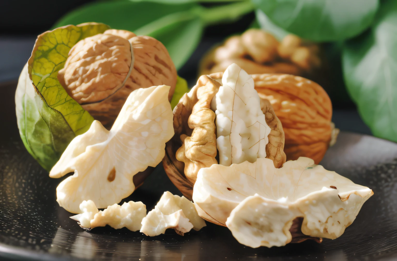 There are walnuts and walnuts in a plate with leaves,closeup cleavage, walnuts, nut, iwakura, walnut wood, !!Natural beauty!!, “organic, author:Kiyoshi Yamashita, Close portrait, wallpaper - 1 0 2 4, Sakuga, White, Snacks, Ivory, istock, high quality image”, product image, author:Yasushi Sugiyama