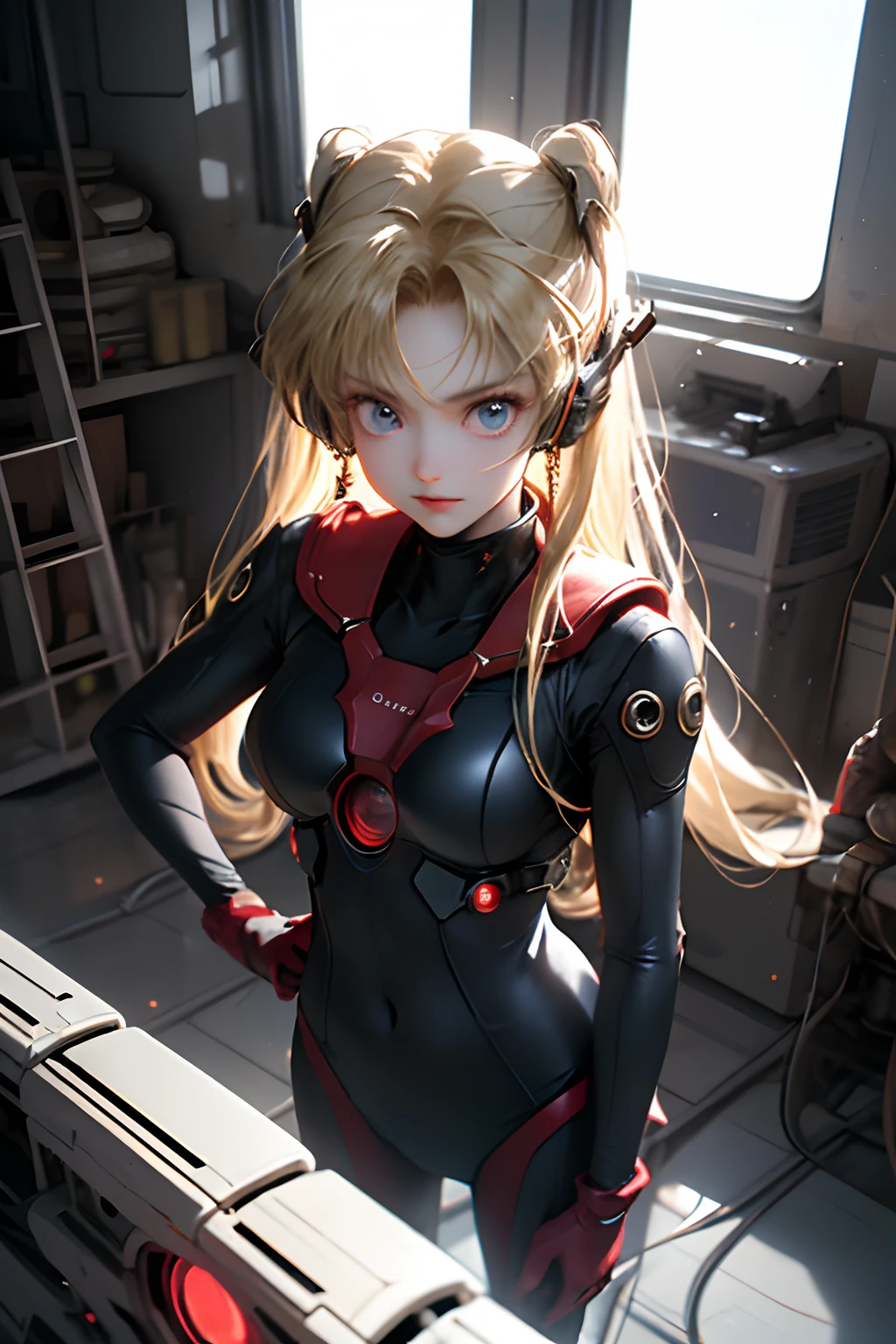 (Overhead view),dynamic angle,ultra-detailed, illustration, close-up, straight on, 1girl, 
 ((souryuu asuka langley, interface headset, red bodysuit:1.4, blonde)),Her eyes shone like dreamy stars,(glowing eyes:1.233),(beautiful and detailed eyes:1.1),(expressionless,closed mouth),(standing), 
(mechanic room with toolsand spaceship windowin a white SPACESHIP),
(night:1.2),dreamy, [[delicate fingers and hands:0.55]::0.85],(detail fingers),