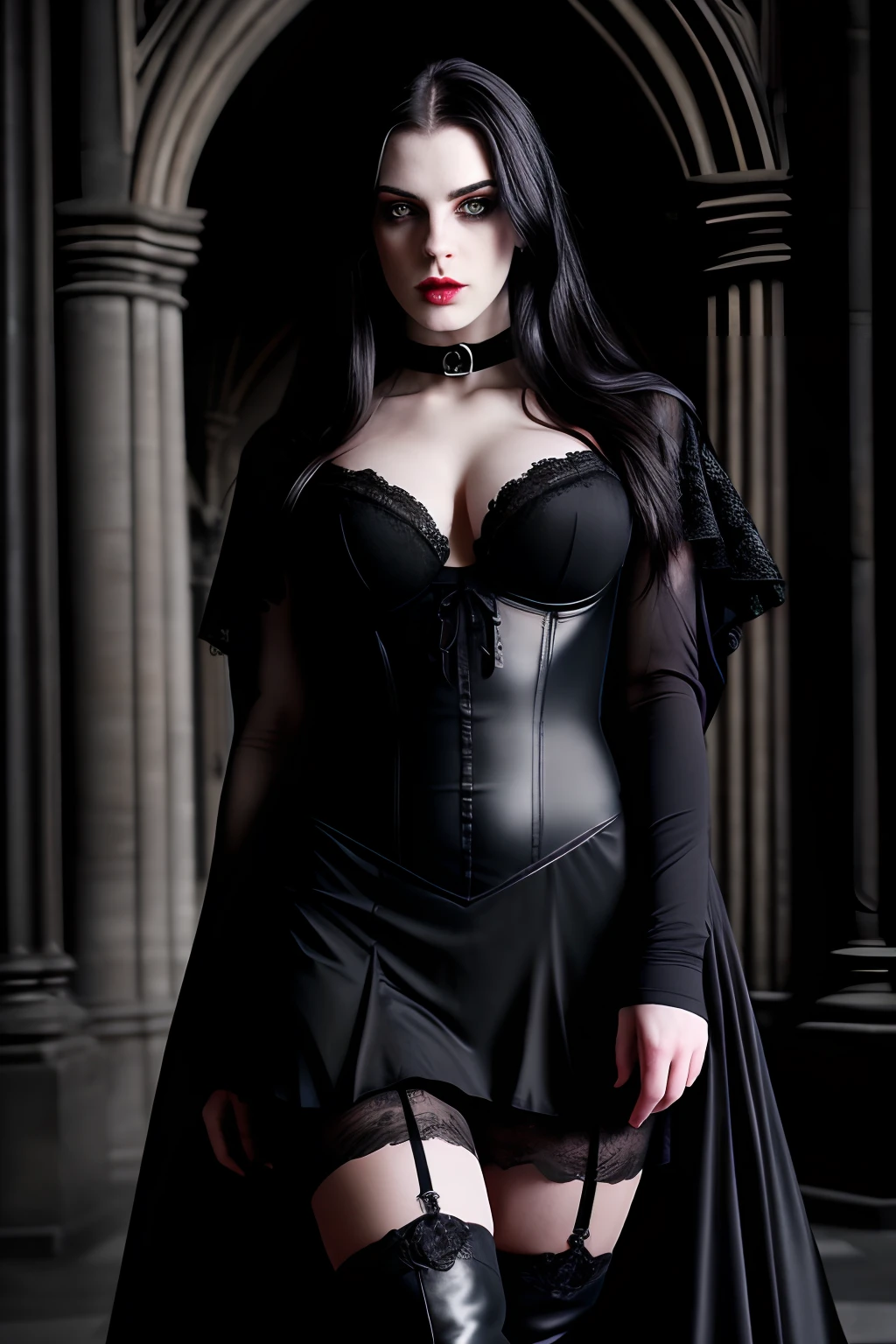 in frame, full body, a beautiful woman at Mont Saint-Michel cathedral at night, dark shadows, (incredibly sexy:1.3), pale skin, thin face, luscious long black hair, heavy makeup, dark eyes, dark eyeliner, dark makeup, skin blemishes, (large soft breasts:1.4), (thin tight body:1.4), thin hips, (tight defined butt:1.3), tight stomach, thick strong legs, wearing gothic lingerie and a long black velvet cape and knee high boots, black choker, becoming a vampire, fangs with blood, blood running down from the corner of her mouth, looking at camera, seductive, moonlight, masterpiece, photorealistic, detailed, 8k, HDR, shallow depth of field, midnight, dark shadows, creepy atmospheric, rain, high contrast, backlighting, bloom, light sparkles, chromatic aberration, sharp focus, RAW color photo