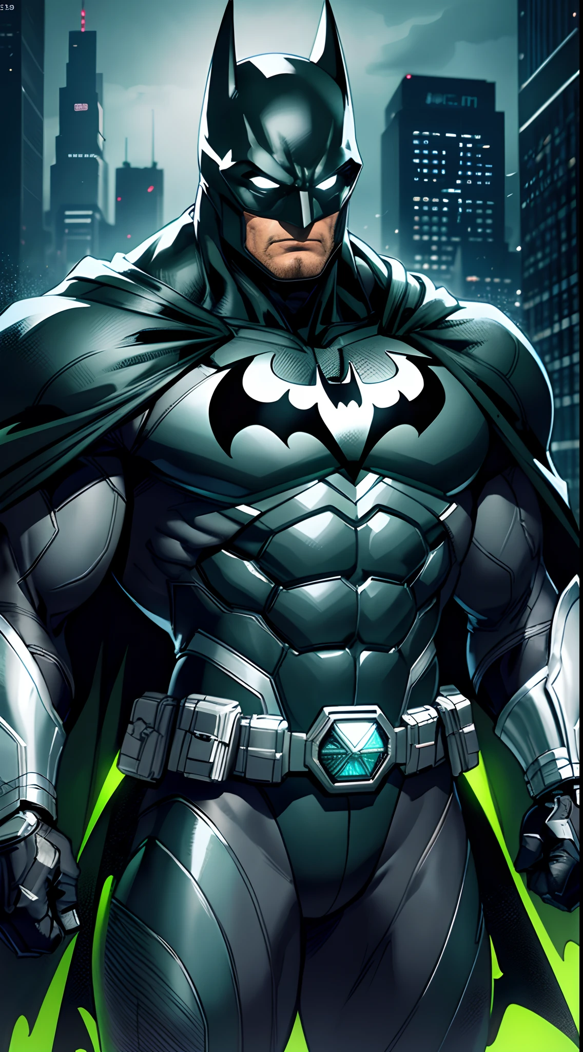 Batman,macho, tall, hunk, muscular, black and neon green suit, neon green details on the suit, best quality, masterpiece, long black cape, short ears on the helmet, white eyes, no pupils, serious face, ultra detailed suit, detailed face, powerful pose,  best quality, high resolution:1.2, dark grey ultility belt, night, dark atmosphere, flowing cape, award winning, shadow, volumetric lighting