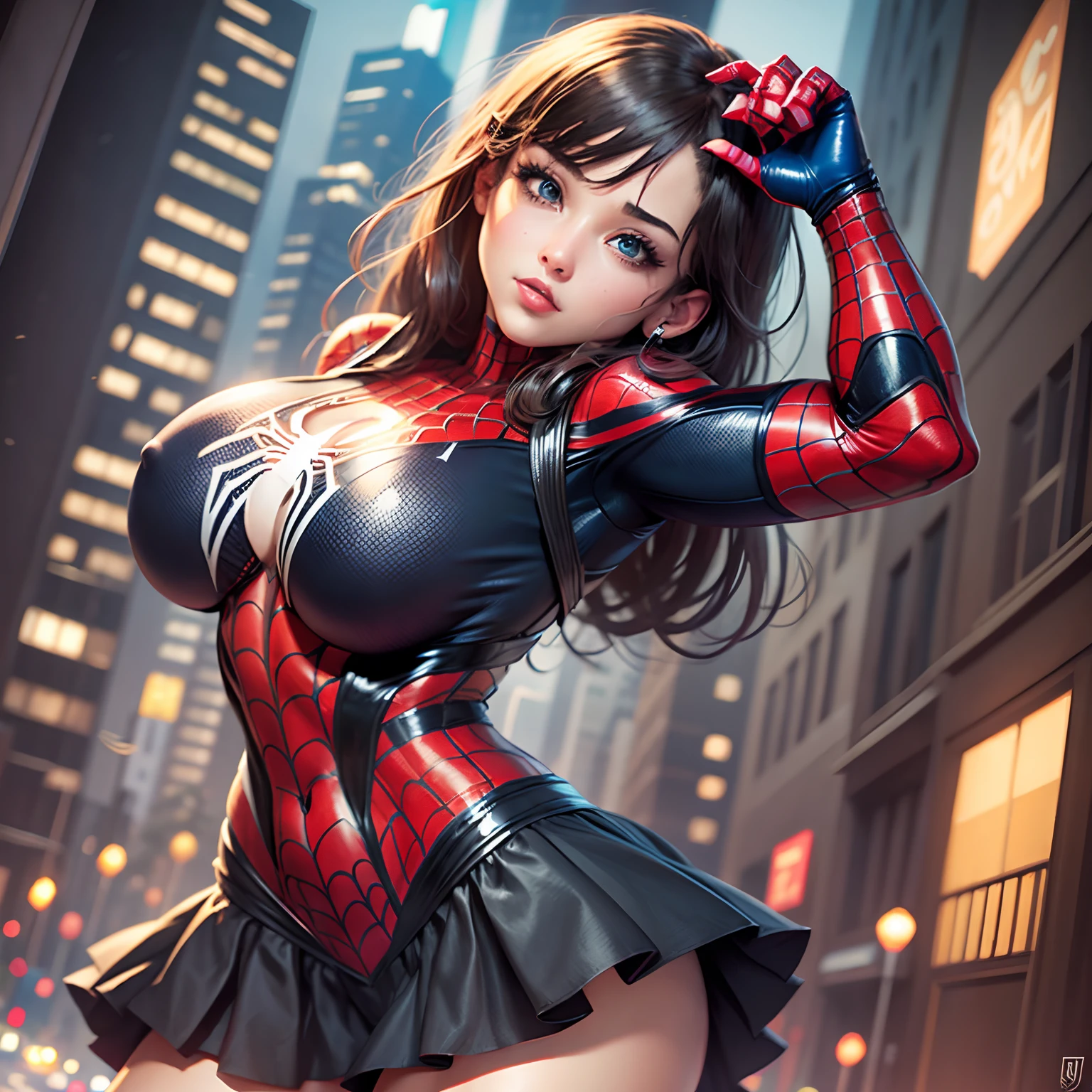 Spider-Man-style miniskirt dress、Create a sexy image of Spider-Man. Do it with ((Large breasts: 3)), wide hips and thick thighs,.