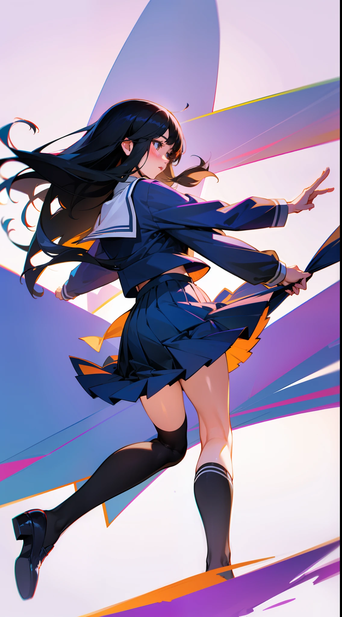 Realistic schoolgirl , school uniform , high quality , skirt , Wearing stockings , bule and white underwear , foot , long and straight black hair , white skin , the sideview , thin