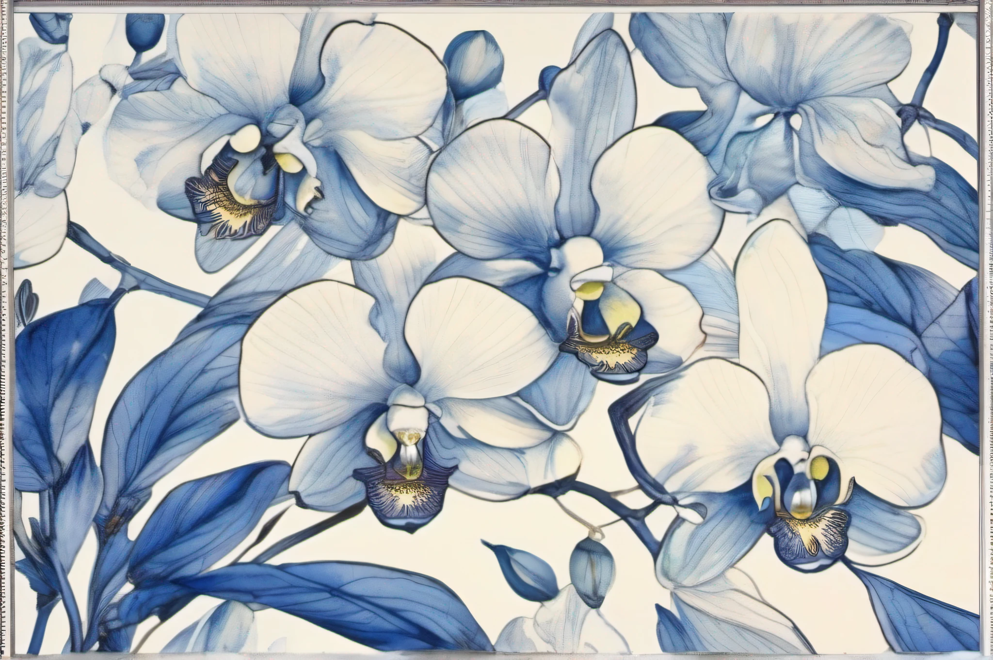 （ink and watercolor painting：1.2），white backgrounid，Orchid pattern，Blue and white line drawing，reasonable design，Clear lines，（Linear，Mono Color）