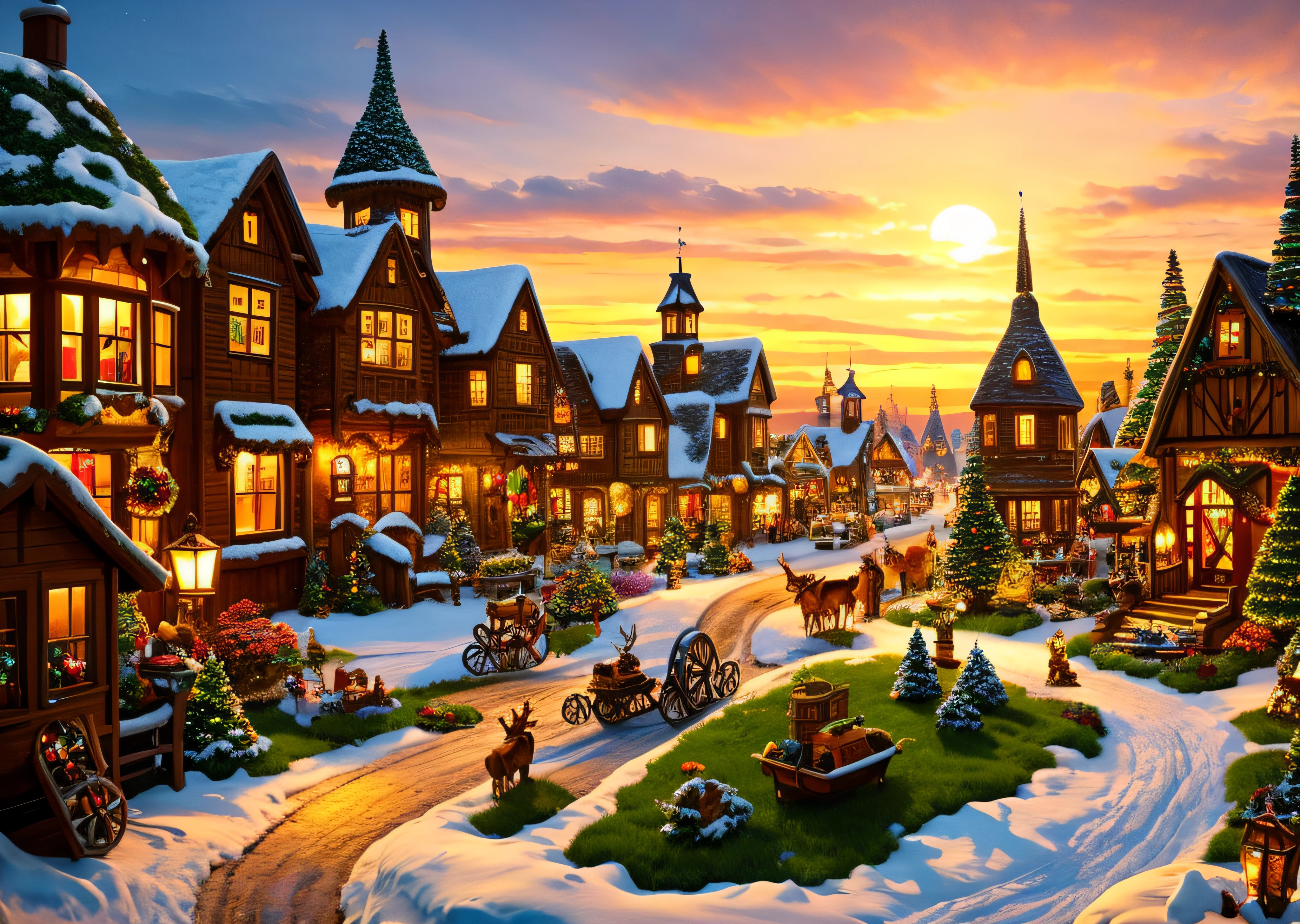 Gingerbread Candy Village, steampunc, A cinematic scene, artistic décor, studio lit, Colorful, inspectorcore, fanciful, fairytale-like, iintricate, ln the forest, Santa Claus in the air with reindeer, snowfield，glowworm, florals, Christmas, Hansel and Gretel, The background is blurred out, Bokeh, 中景 the scene is, Visually stunning, Painted landscapes, concept-art, Trends on ArtStation, Art germ, CGSesociety，Sunset