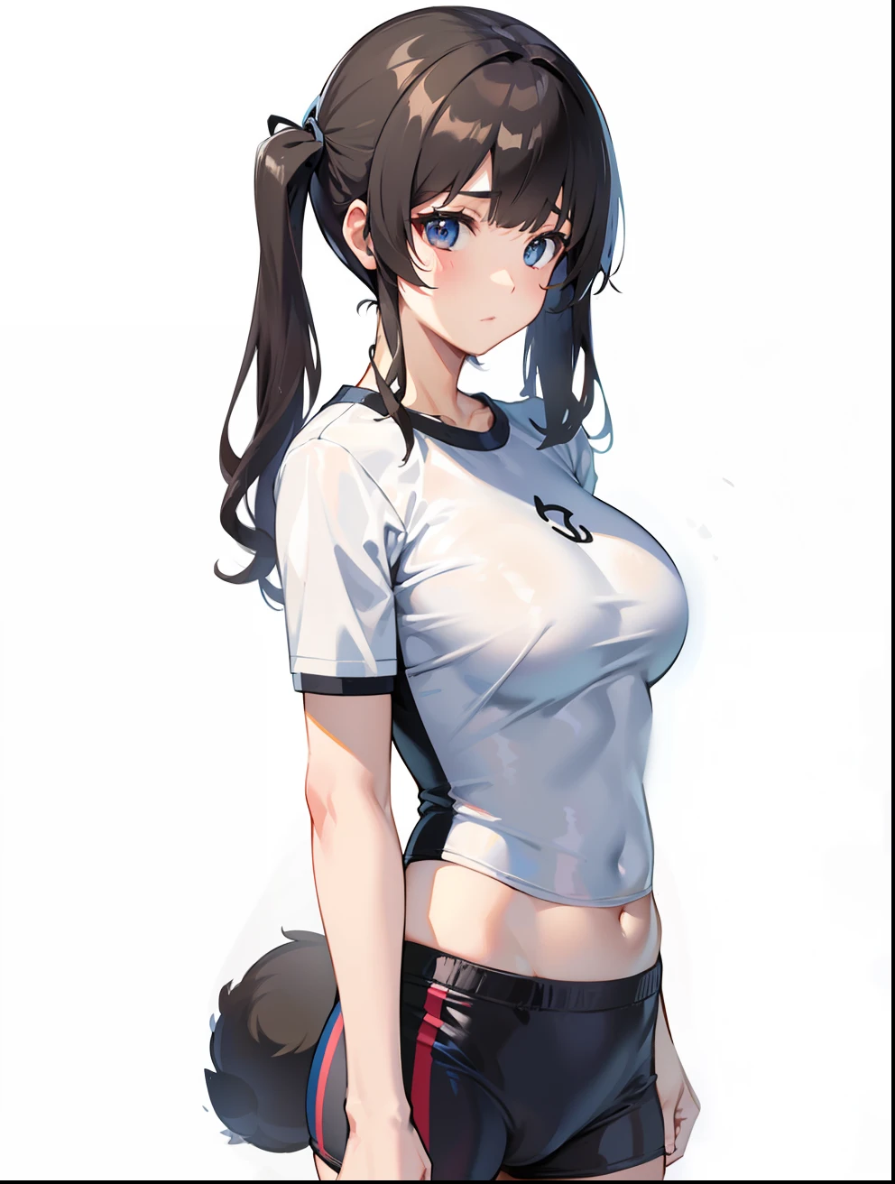 gymnastic suit、White gymnastics shirt with round neck、shortsleeves、Breasts are big、Navel Ejection、black buruma