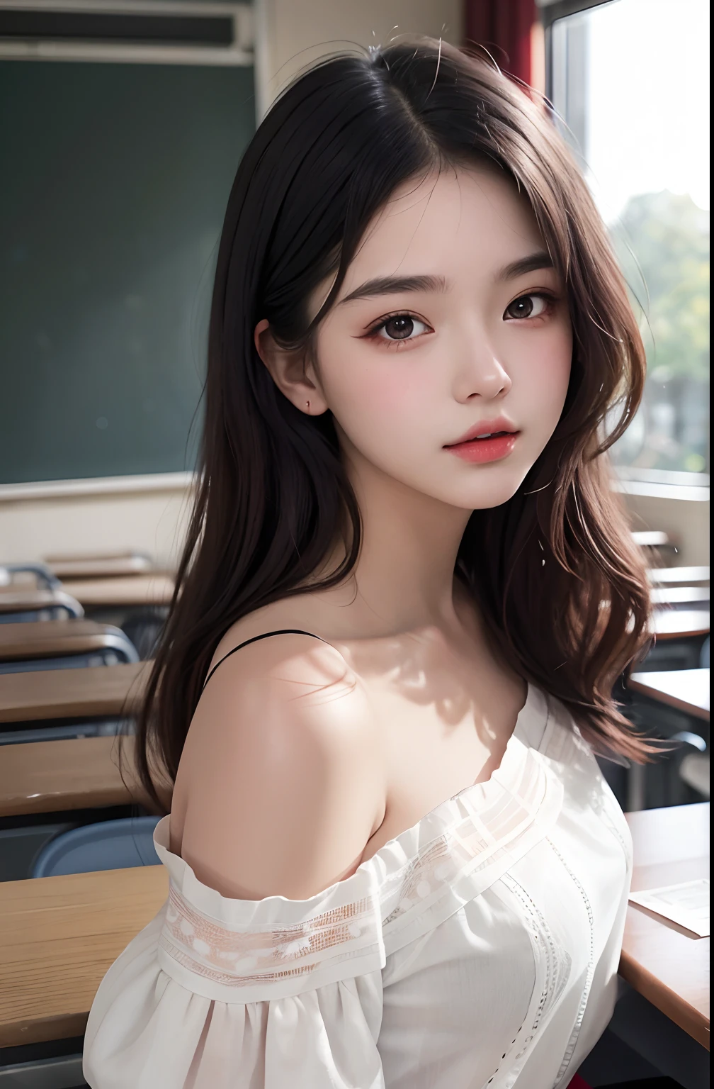 1girl, cute, 16 years old, seductive expression, look at viewer, off-shoulder lace shirt , seifuku, photo, realistic, best quality, hires, detailed face, classroom, detailed background, diffused lighting, depth of field, bokeh