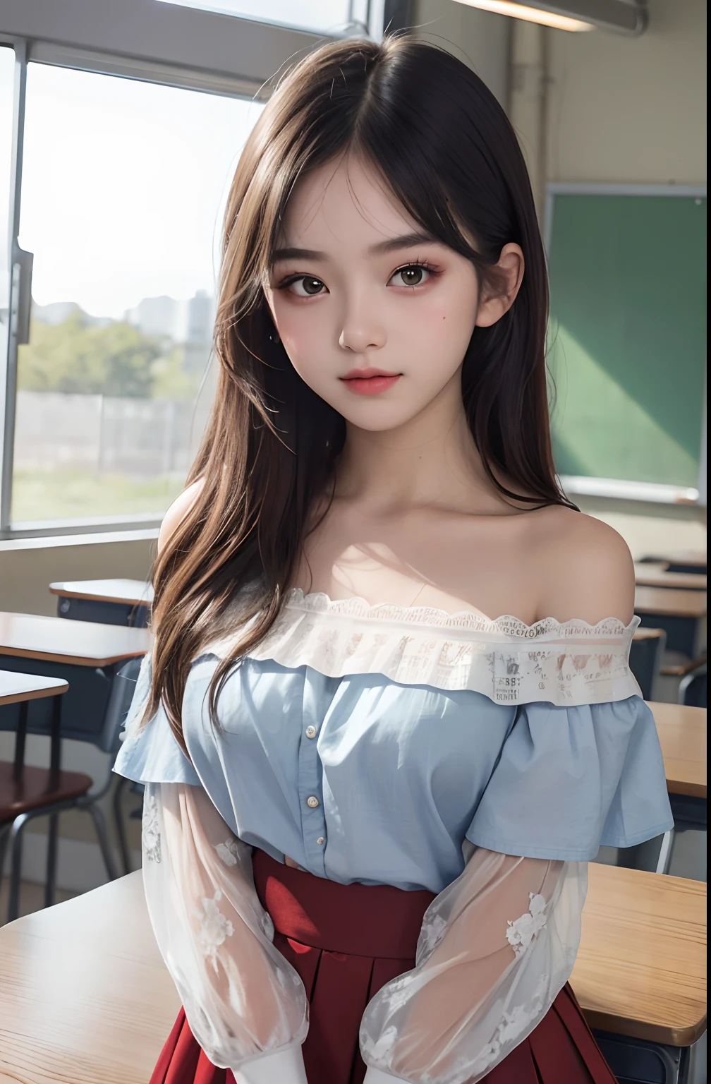 1girl, cute, , seductive expression, look at viewer, off-shoulder lace shirt , seifuku, photo, realistic, best quality, hires, detailed face, classroom, detailed background, diffused lighting, depth of field, bokeh