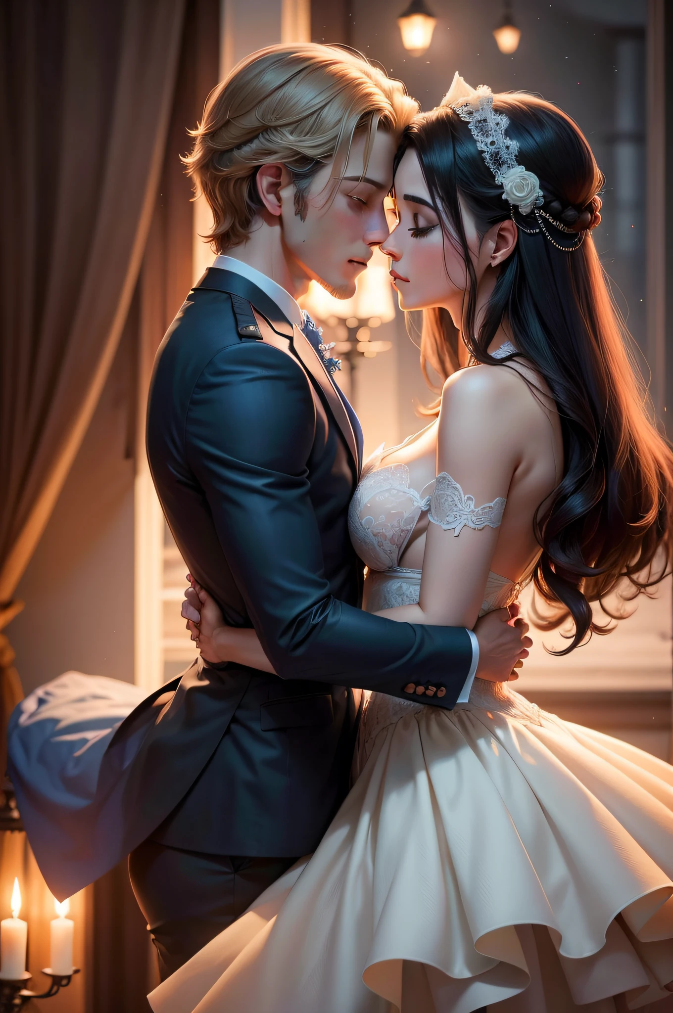O casal lindo compartilhando um beijo apaixonado, their bodies entwined in the moonlight.