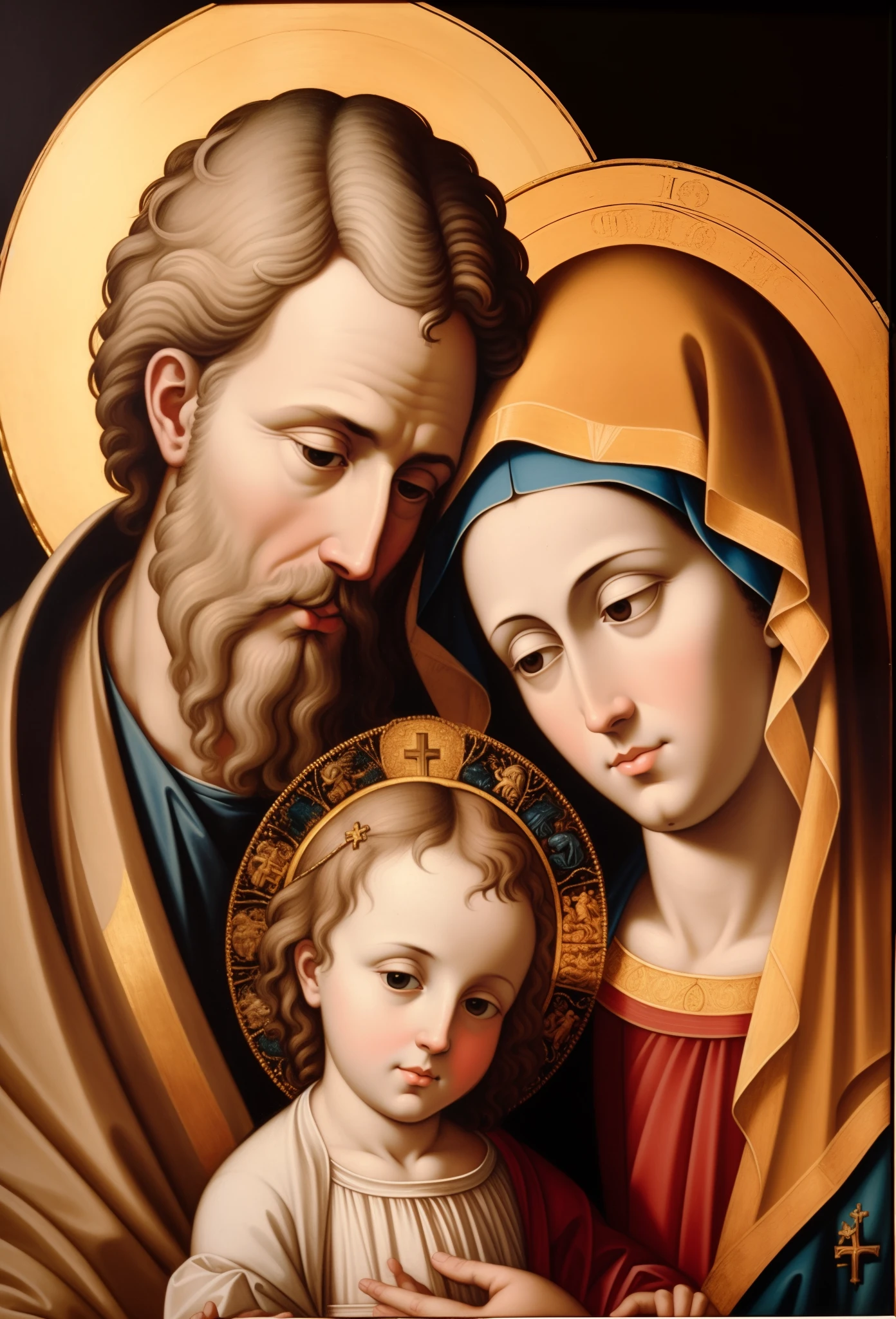 a closeup of a painting of a man and a woman holding a baby, iconografia sagrada, Com o Menino Jesus, retrato da obra-prima religiosa, obra-prima altamente detalhada, iconografia religiosa, pintura religiosa, roman catholic icon, pintura religiosa renascentista, catholic icon, Arte Sacra Renascentista, catholic religious art, obra-prima detalhada, Directed by: Cristofano Allori, por Duccio