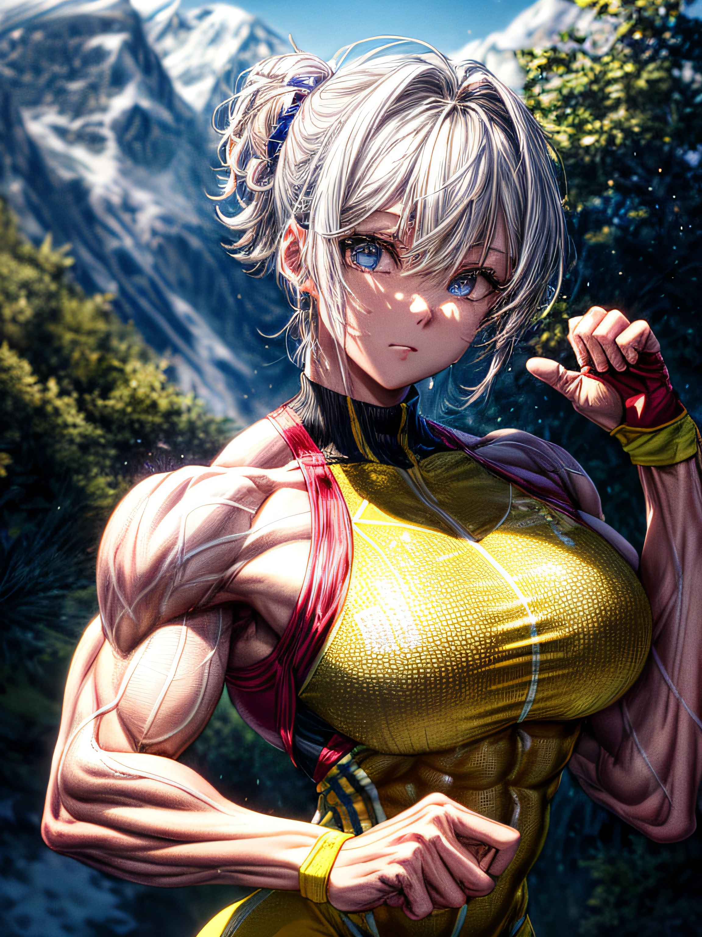 (BEST lighting) , (ultra intricately detailed) , 4K unification, (super-detailed CG: 1.2) , (8K: 1.2),(Original), (Masterpiece) , (Best quality),(Masterpiece:1.4),Anime-ish high quality,(Masterpiece),Masterpiece, Best quality, absurderes,((masterpeace, 4K, 8K, Yes, A high resolution))1girll, She was hiking a mountain,Head to a mountain resort, hiking clothes, Spring, Boots, Perfect figure, short yellow asymmetrical hair, Sweat, Dynamic pose, ((body builder:1.5)),Temple background,(Beautiful bace),(Girl),(Female),(((Upper body:1)))