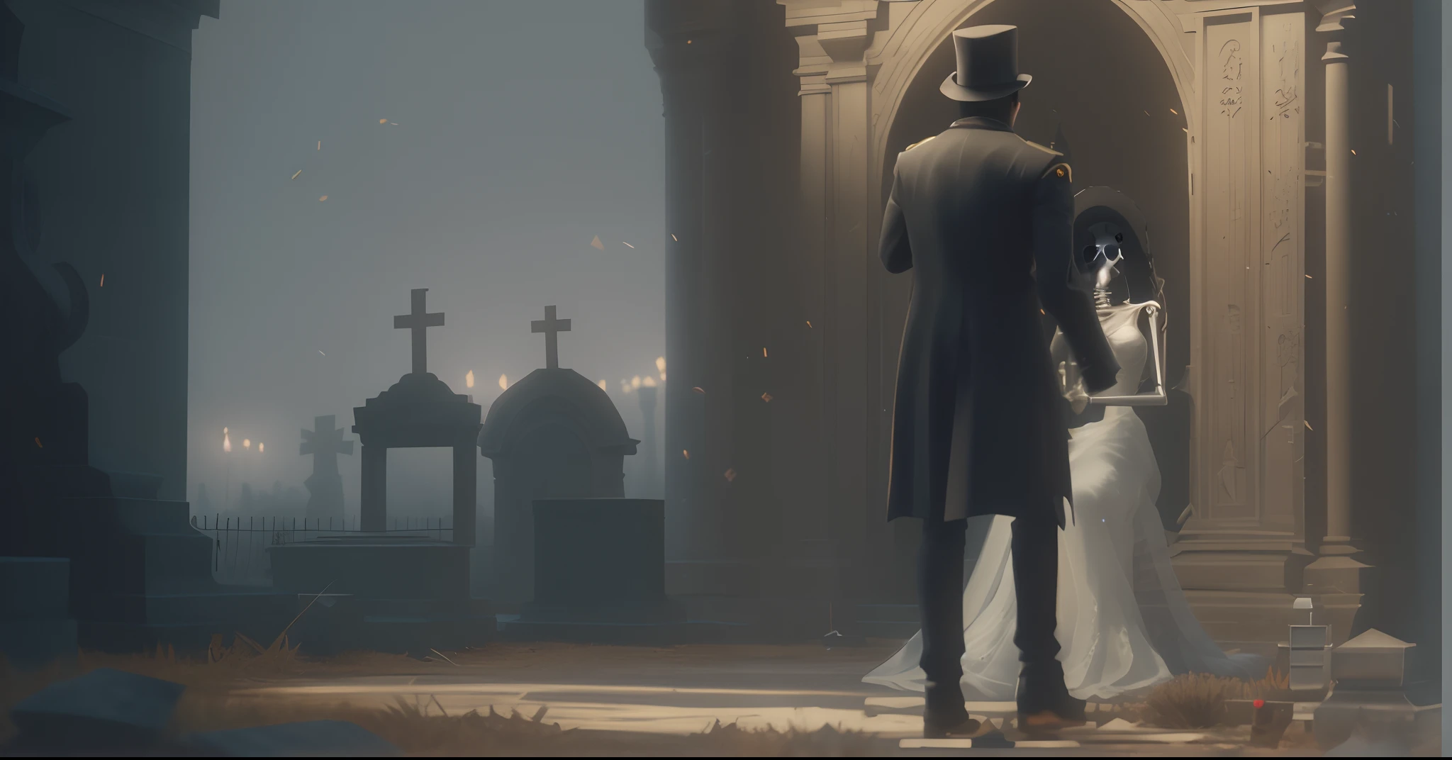 There is a skeleton crouching and a man standing in a cemetery at night, cutscene, detailed cinematic render, cutscene de videogame, detailed cinematic shot, cinematic lighthing, Imagens de cutscene, Motor irreal ; Romantic horror theme, ps5 cinematic screen capture, gorgeous cinematic lighting, beautiful cinematic lighting, in-game cinematic, unreal engine cinematic, Skeletal ghosts, fantasmas no fundo