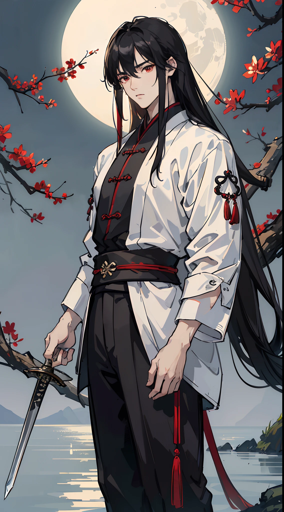 Masterpiece, Ultra HD, HDR, Excellent, Outdoor, Night, Full Moon, Lakeside, Branches, 1 Man, Male Focus, Mature Male, Chinese Style, Ancient Chinese, Black Hair, Red Eyes, Long Split Hair, Long Bangs, Handsome, Handsome, Masculine, Gentle, Tall, Calm,Behind him is a white dragon, A Sword, Delicate Facial Display