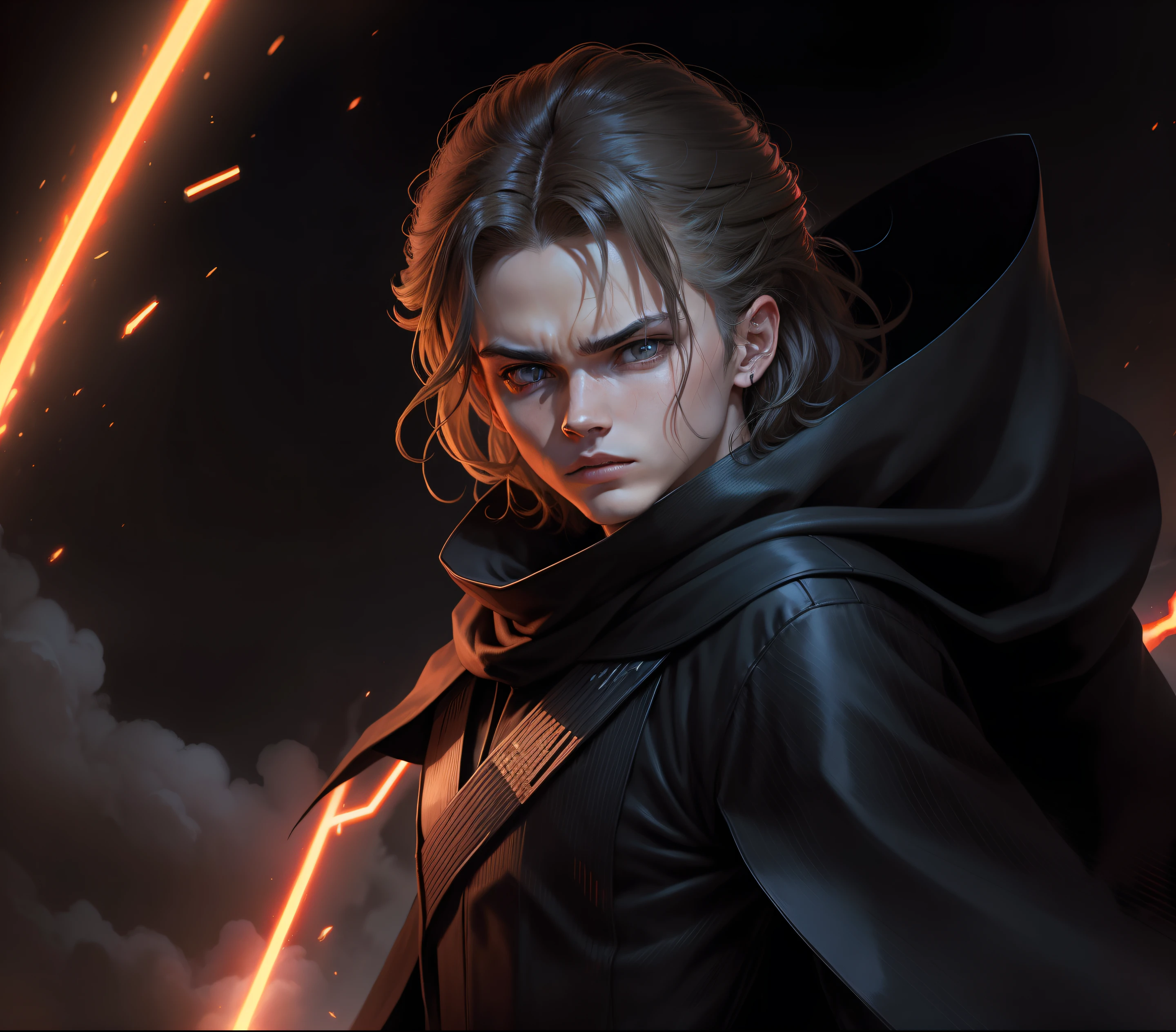 Anakin Skywalker, Sith, Tempos Sith, Anakin Skywalker como Sith do mal, Villanious, FALLEN ANGEL, Gray alien, alien, FALLEN ANGEL, Cara bonito na foto de Demon Slayer, Anakin Skywalker nas trevas, lit by explosions in epic villain pose, Escuro, darkeness