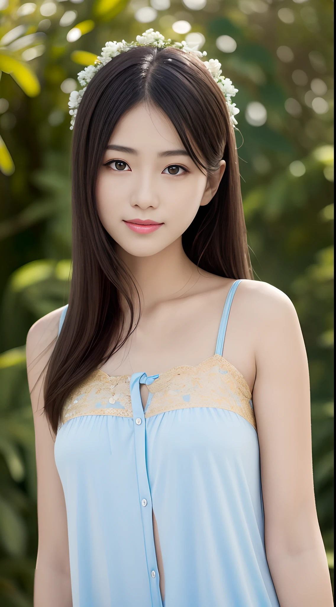 A beautiful 23 year old girl,F-cup,Authentic full-body photos,ultraclear,beautiful pupil,,A sweet smile,Delicate fair skin,Realistic and realistic,exquisite and complete facial features,Detailed depiction of the face,二重まぶた,tall nose bridge,Extremely delicate black hair,Feminine temperament,Fill your face light,Golden ratio figure,The front part is slightly sloping forward,Extreme picture quality,Highest accuracy,Precise and perfect human anatomy。Blue sky, white clouds, green plant background,Different colors of transparent yarn material suspender pajamas,