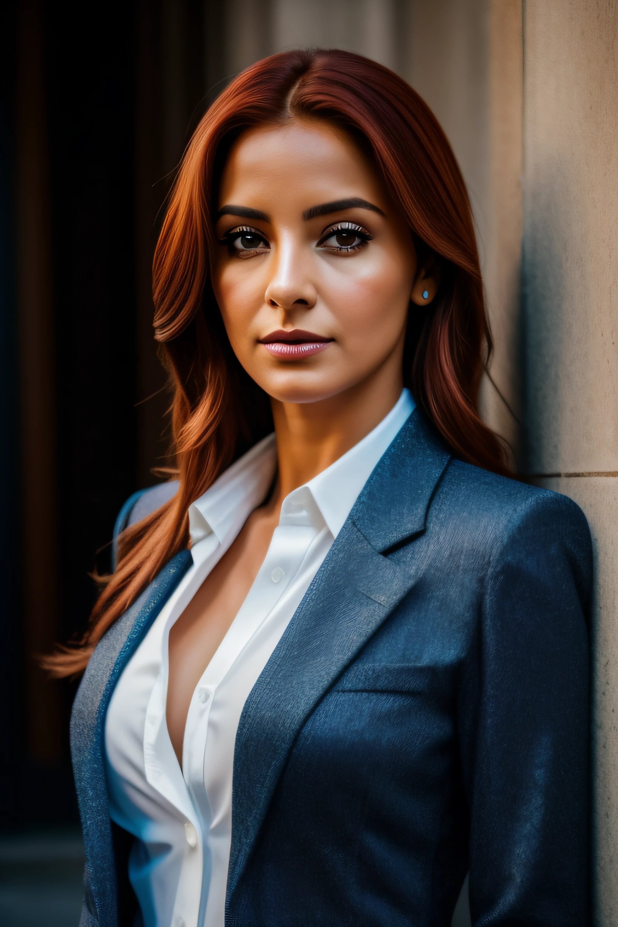 1 mulher linda, 50 anos de idade, seios muito pequenos, closed button-down shirt, red-haired, elegante, casaco elegante, blazer sofisticado, olhos penetrantes e intensos PARA QUEM OLHA A FOTOGRAFIA, 8k, qualidade impressionante, alta resolução, fotografia premiada, retrato, 1 mulher morena, (mulher bela, , Photogenic), blazer elegante, casaco elegante, cinto, (fundo em nova york), pele clara, dramatic light, foco nítido, good aesthetic, highes definition, altamente detalhado, cores neutras: 1,2), (HDR: 1,4) , hiperdetalhado, cinemactic, luzes quentes, canon, Canon EOS 5D Marca IV, 8k, Ultra HD, DSLR. 1 mulher