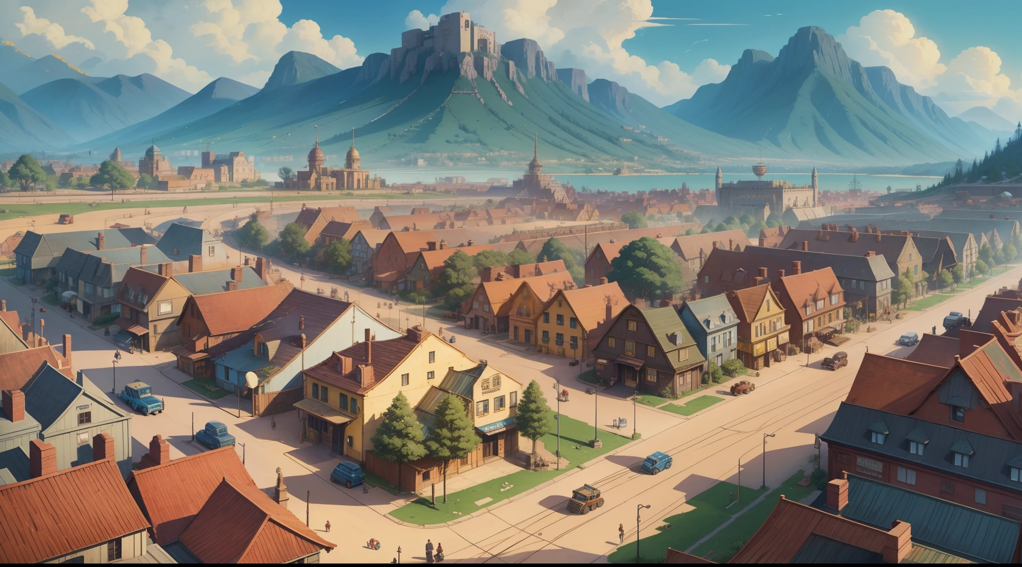 There is a desktop cartoon map of the gold and diamond city with a transport and a Ferris wheel, detailed 2d illustration, detailed digital illustration, Detailed Illustration, aerial photography, game illustration, children's illustration, illustration detailed, Game Map, Super detailed image, Detailed street, Houses & Roads, illustartion, very detailed illustration, aerial view from above, illustration for children, children's illustration