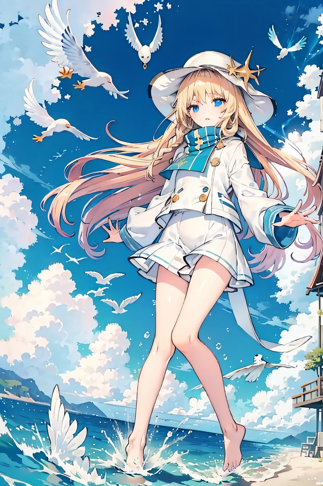 Kizi,Face the lens,golden hair,blue color eyes,high and cold,face expressionless,staring in the camera,White sun hat,White miniskirt,White transparent swimsuit,sandbeach,the sea,the setting sun,seagulls,starfish,People from afar,Very far from the steamer,