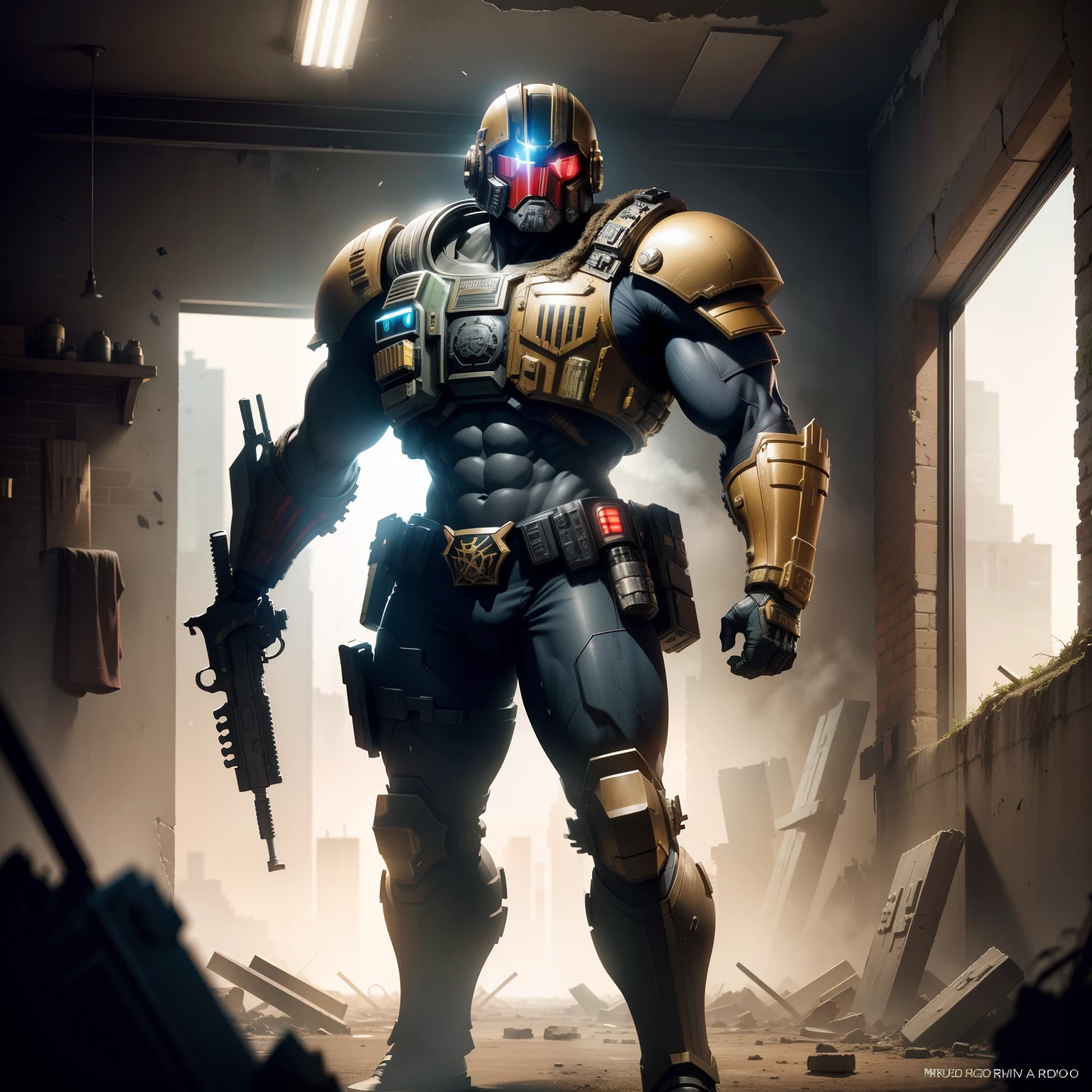 Judge Dredd, muscular body, armed armour, high detailed image, sony alpha camera, 8K, in the ruins of block apartment, hero pose, laser gun, corona render, artstation popular image,