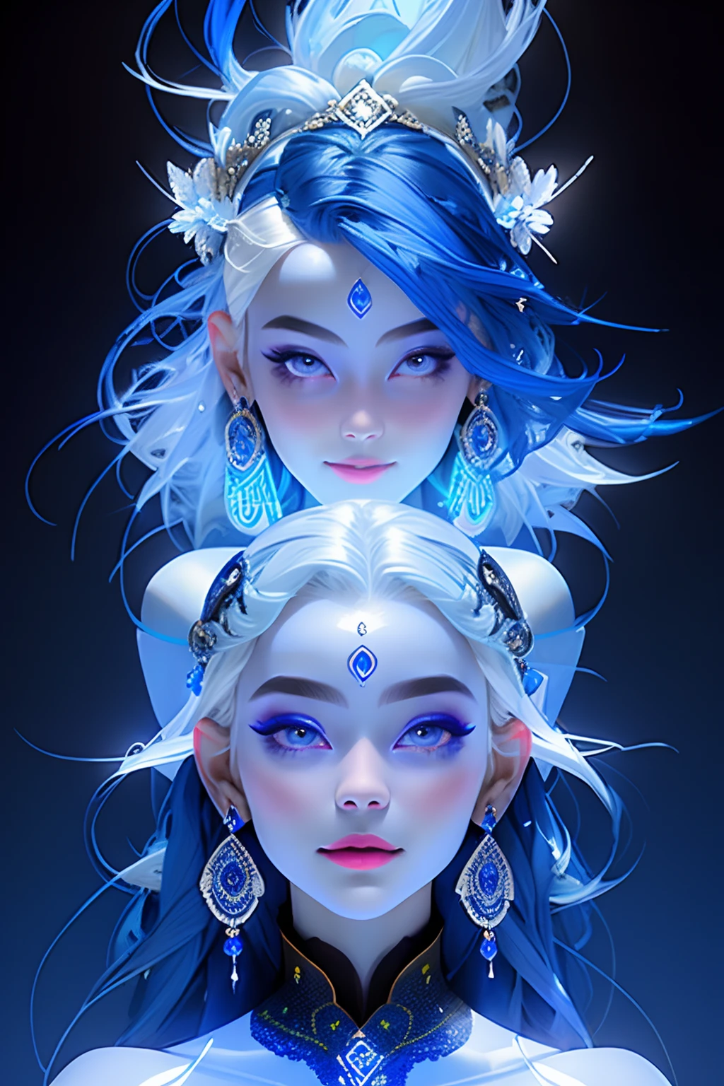 Beautiful goddess with blue skin and cobalt blue hair, tone, full body, looking at the viewer, symmetrical, slight smile, spiritual awakening, intricate details, cosmic, ethereal, mystical, complicated environment, brushstrokes, illuminating lights, masterpiece, ultra high resolution, high quality.