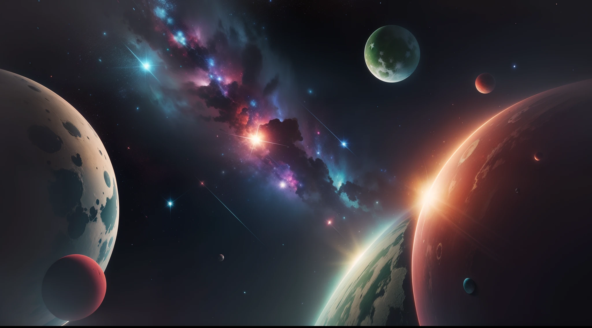 space with red stars and green stars, realistic