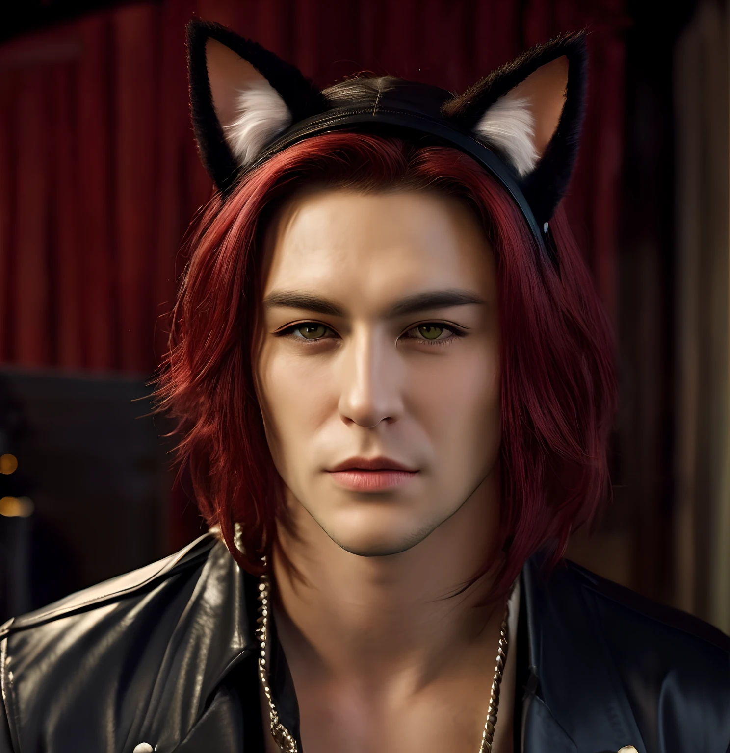 arafed man with red hair and black cat ears and a black jacket, with very highly detailed face, emo boy with cat ears and tail, wolf ears, detailed punk hair, boy with cat ears and tail, evil devious male, black hair black cat ears, cat ears, handsome male vampire, character headshot portrait, fantasy male portrait, male vampire