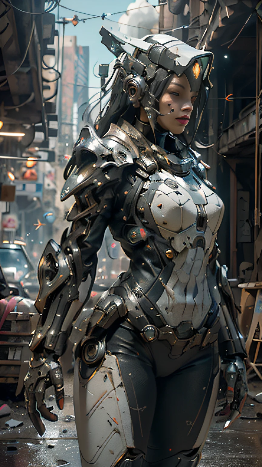 ((best quality)), ((masterpiece)), ((realistic)), (detailed), (photorealistic:1.5), a futuristic girl, (thick body), (white bodysuit), lights on armor, cybernetic headwear, looking at viewer, dynamic pose, post apocalyptic, destroyed city background, buildings on fire, science fiction, hdr, ray tracing, nvidia rtx, super-resolution, unreal 5, subsurface scattering, pbr texturing, post-processing, anisotropic filtering, depth of field, maximum clarity and sharpness, rule of thirds, 8k raw, (luminescent particles:1.4), (extremely detailed cg, unity 8k wallpaper, 3d, cinematic lighting, lens flare), reflections, sharp focus, cyberpunk art, cyberpunk architecture,