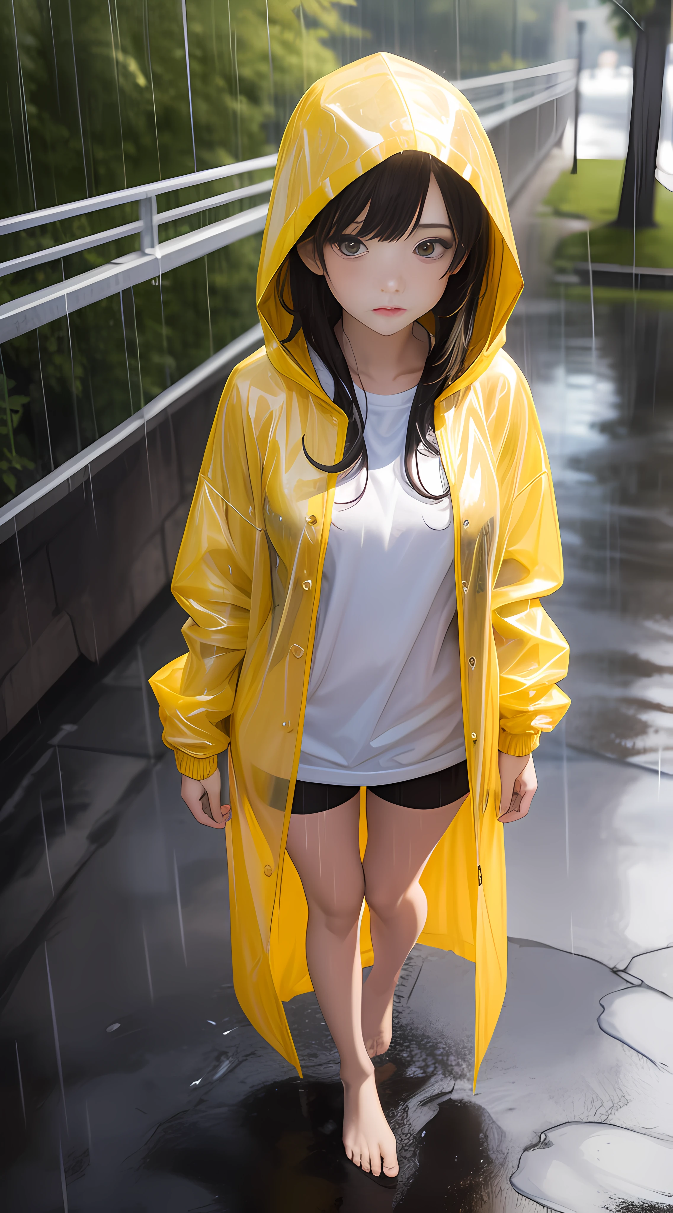 A fifteen-year-old girl,Wear a yellow hooded raincoat,stand posture,full body pov,Bare legged,Barefoot,Standing in heavy rain,Accentuate the texture of raincoats and gelcoats,Accentuates the translucent texture of the raincoat