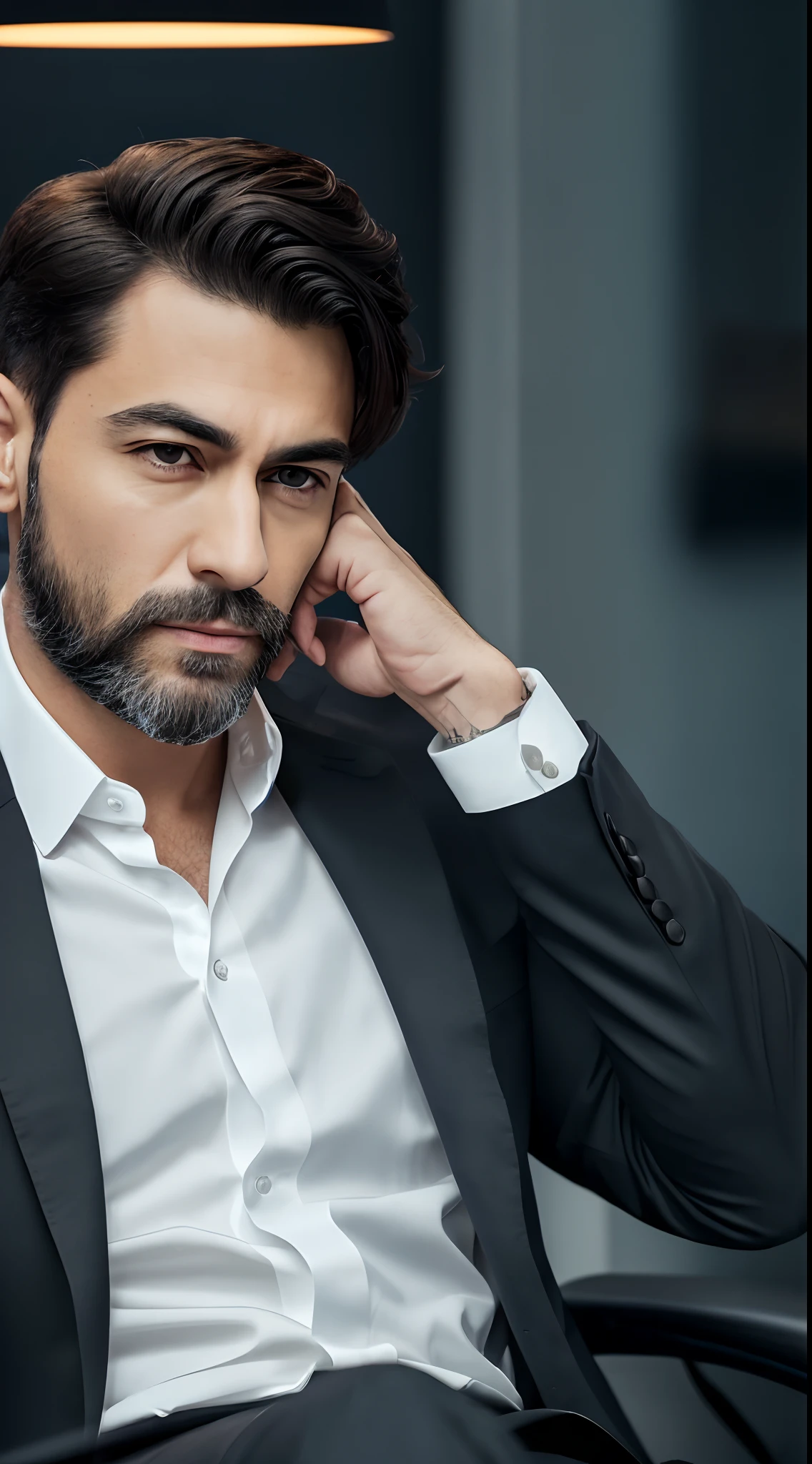 ((half body)) Photo RAW Ceo Man sitting in an office chair, wearing black suit, (Using Dark Beard) movie scene, (Impeccable) ,Serious and elegant man, , with thick male eyebrows, (with mysterious and serious face,) short dark hair, dark black background image, elegant, ( high quality and realistic image), ((Best Quality, 8k, Masterpiece) --auto --s2