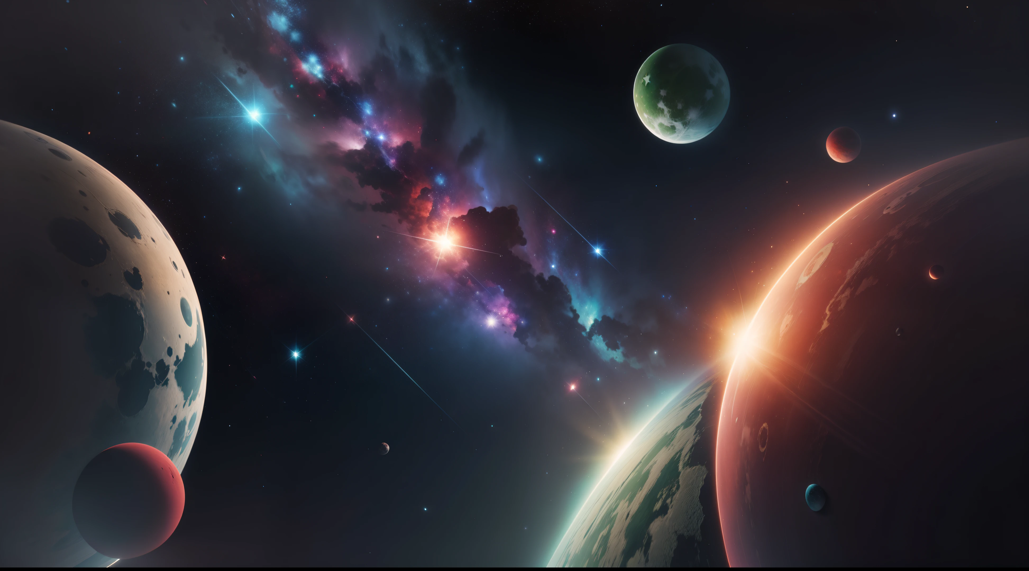 space with red stars and green stars, realistic