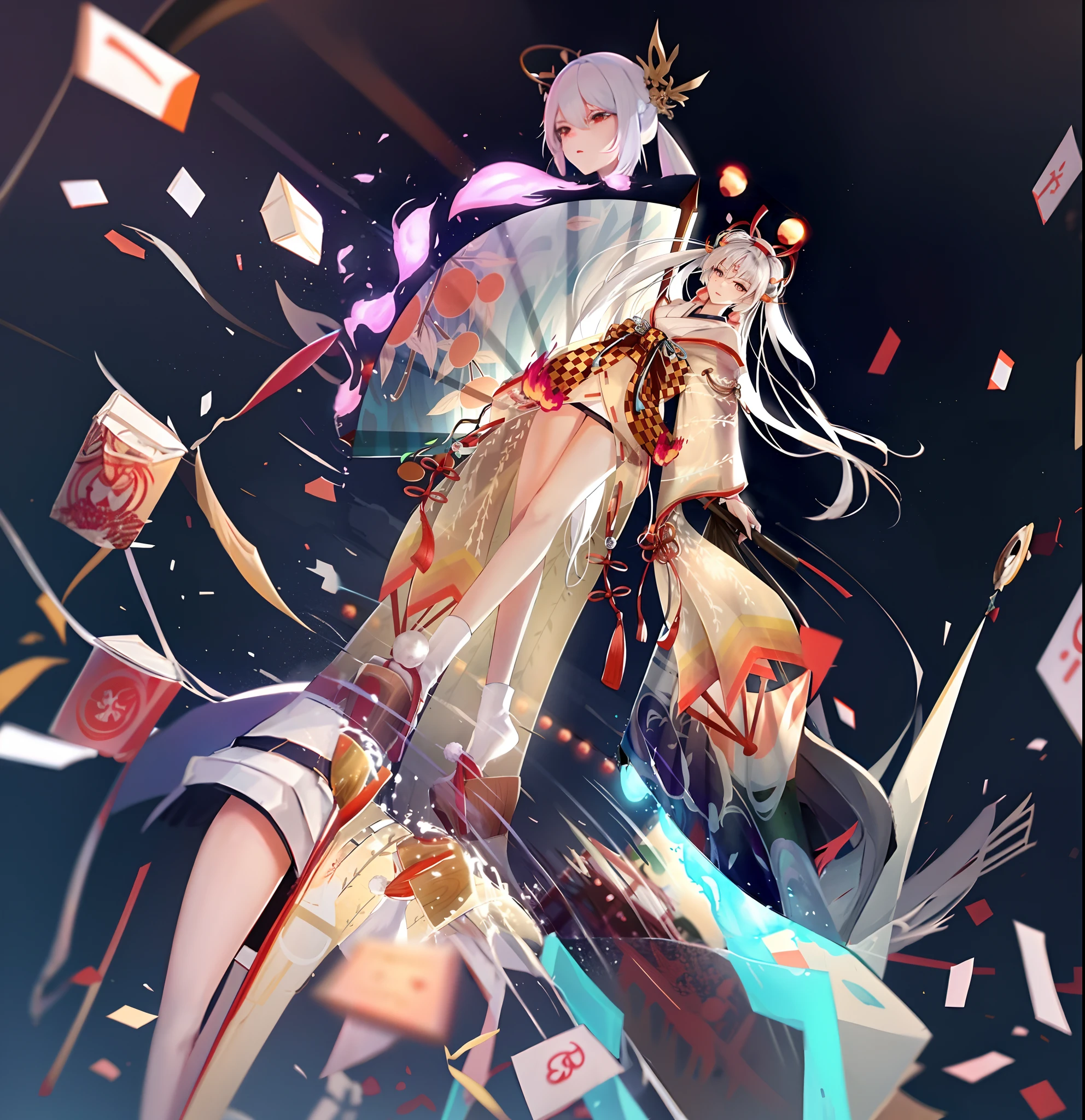 Anime girl with long white hair and white long wig holding baseball bat, white-haired god, Onmyoji detailed art, onmyoji, A scene from the《onmyoji》videogame, Ayaka Genshin impact, From Arknights, Anime goddess, 《onmyoji》role, cute anime waifu in a nice dress, Kawasi, from girls frontline,Japanese mythology does not know fire