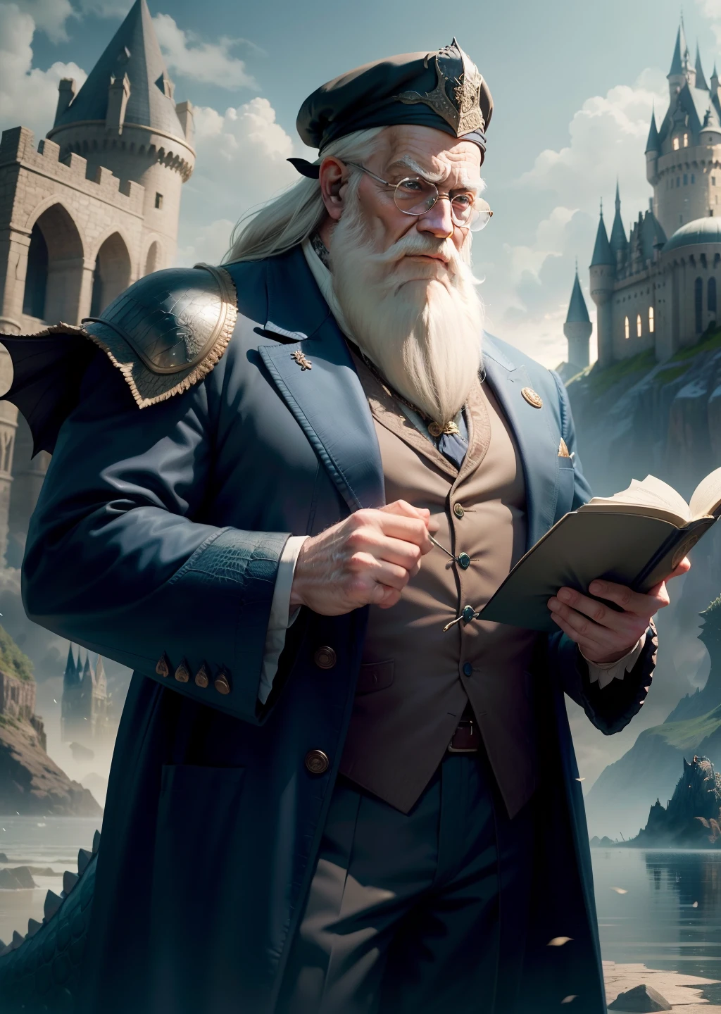 dumbledore，a old man，Big chest，wearing an outfit，Wearing crocodile dragon armor，Wearing a crocodile head hat，muscle men ,Man ，Wear half-moon glasses，Realiy，background castle，Blue whale in hand