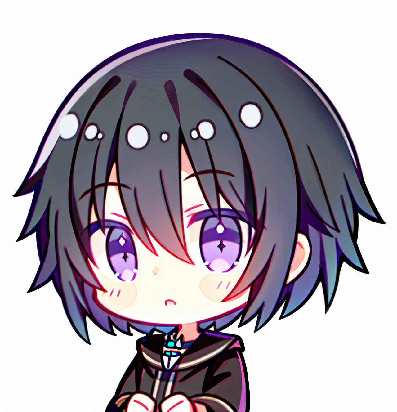 Short black hair，A little boy with purple eyes，It's kind of cute，Serious eyes