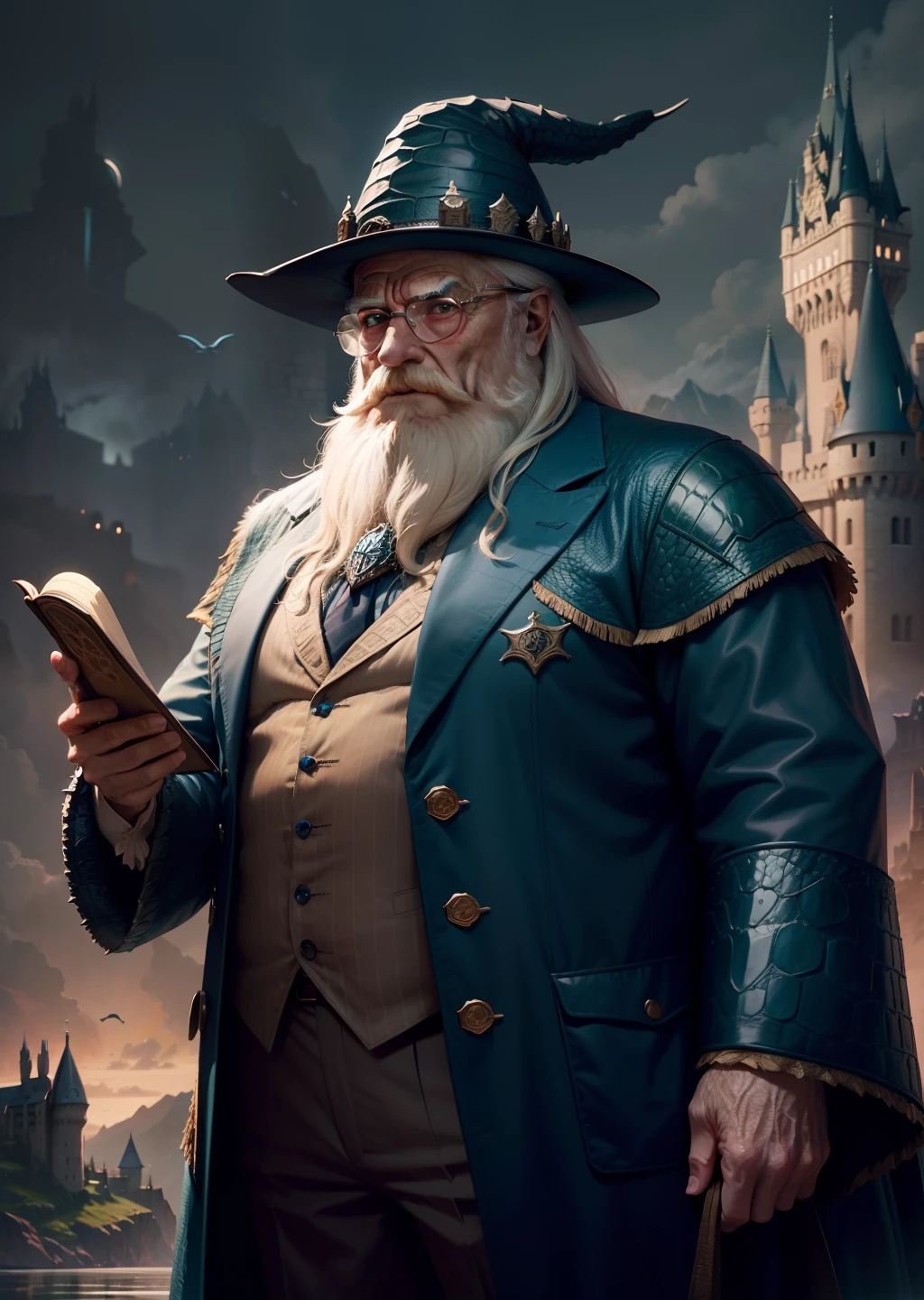 dumbledore,a old man,Big chest,wearing an outfit,Wearing crocodile dragon armor,Wearing a crocodile head hat,muscle men ,Man ,Wear half-moon glasses,Realiy,background castle,Blue whale in hand