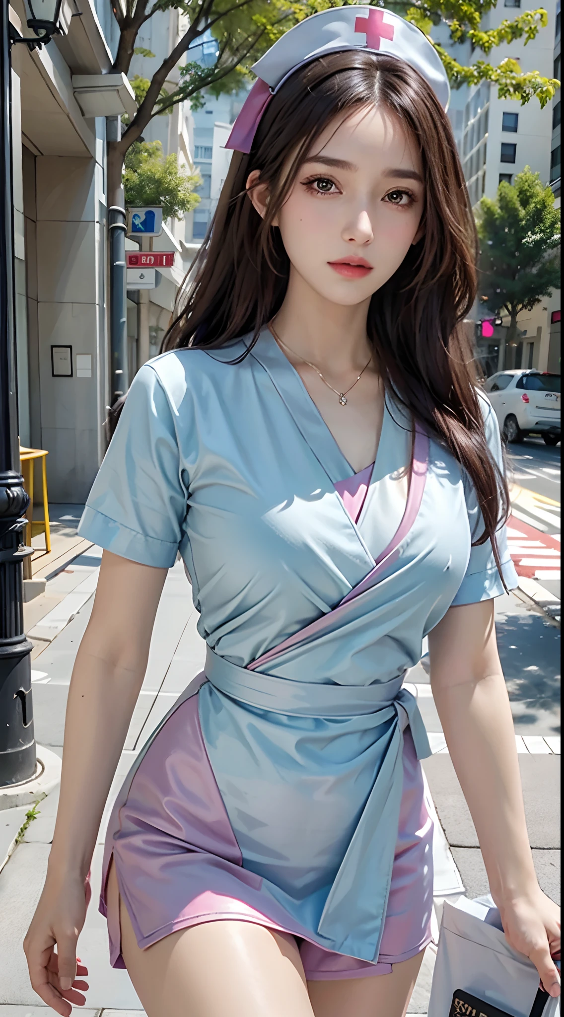 Photorealistic, high resolution, 1womanl, Solo, view the viewer, (Detailed face), (Colorful nurse costumes),S-shaped body,(stocklings),((Wrap the breast:1.3))