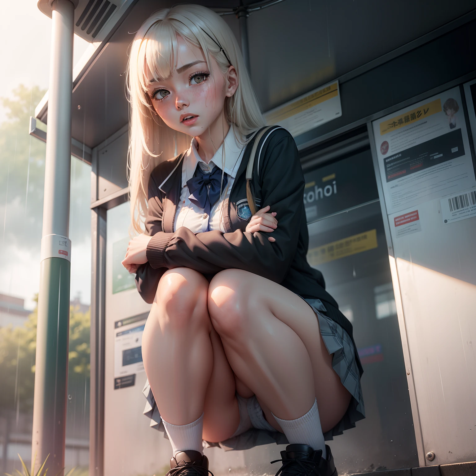 Bus stop，Heavy rainy days，a beauty girl，JK school uniform，Superskirt，Expose off your underwear，drenched all over the body，dual horsetail，Flushed complexion，Place your hands on your knees，Slender white legs，Pure，Raised sexy
