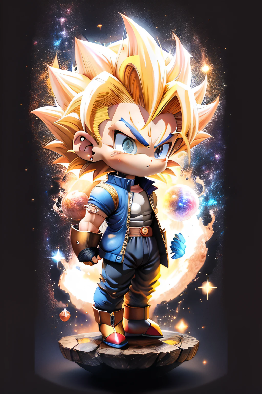 Vegeta, Super Saiyan, Yellow hair, chibi, Blue shirt, looking at viewer, card background, Galaxy