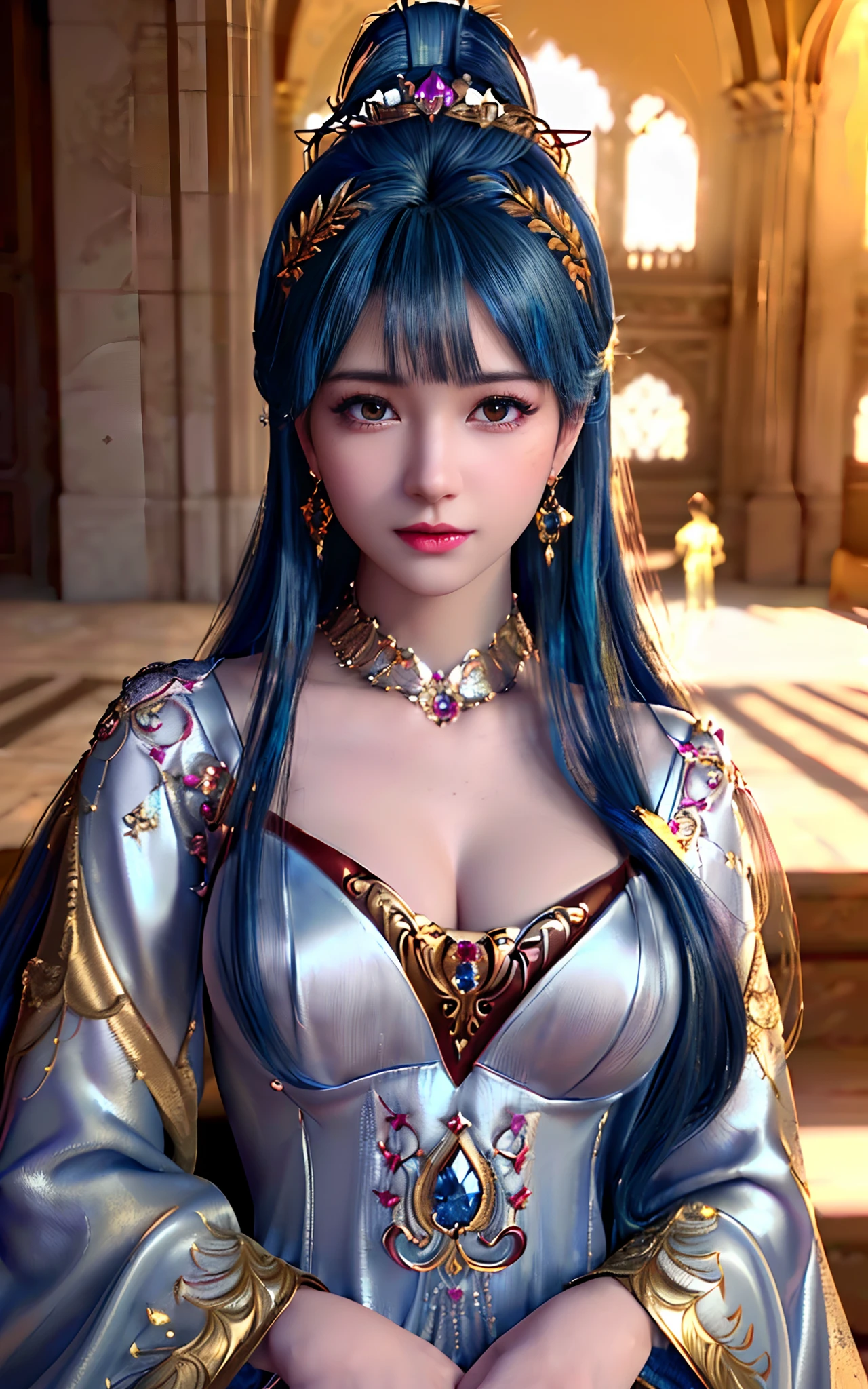 ((realisticity: 1.2)), ((best resolution: 8K UHD)), best quality,masterpiece,highres,cg,
((1 super detailed and super realistic girl)), ((very beautiful queen dazzling, super realistic, and super detailed)),((white skin, beautiful, smooth, youthful, super realistic and super detailed
)), long hair, ((super realistic and super detailed dress)), solo, ((super realistic, super beautiful, gorgeous and super detailed jewelry)), ((super beautiful, super realistic and super detailed dark red and golden yellow dress)),
((super beautiful, super realistic, super detailed diamond filled earrings)),
((super beautiful, super realistic and super detailed diamond filled hair ornament)), ((super beautiful upper body, super beautiful, super realistic and super detailed)), ((big breasts: 2.5)),
((super grand, super realistic and super detailed royal palace backgroun))
((super beautiful, super beautiful, super realistic and super detailed hair bun)), ((super beautiful, super realistic and super detailed blue hair)),
candid, Photograph, high resolution, 8k,Bokeh,