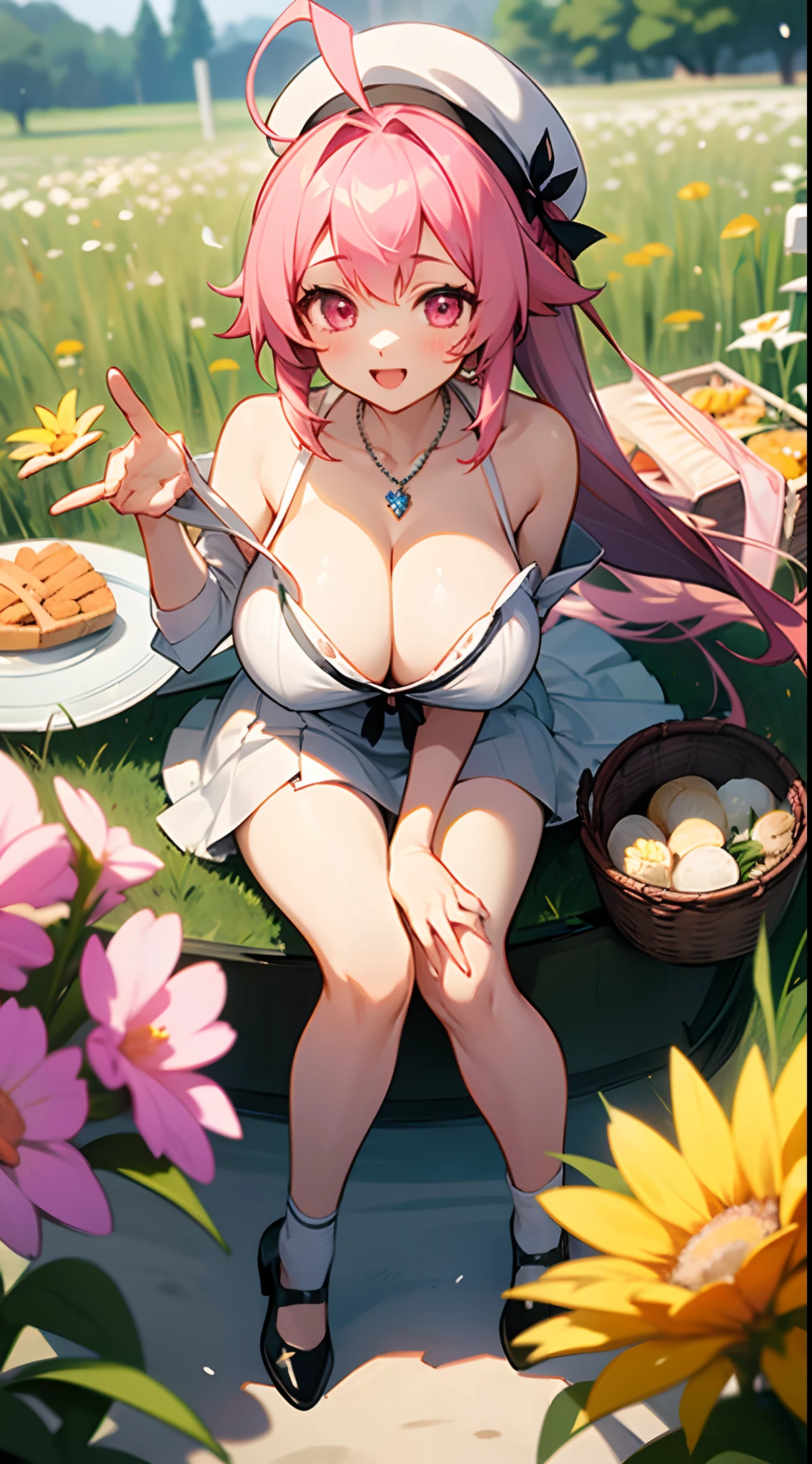 1 girl, game CG, white clothes, visible, shoulders visible, short white skirt, white beret, jewel pendant, black panties rings, black shoes, gigantic breasts, pink hng hair, hair up, princess hairstyle, ahoge, pink eyes, pov, happy, picnic, sit, basket, picnic sheet, food, reach out, flower field,