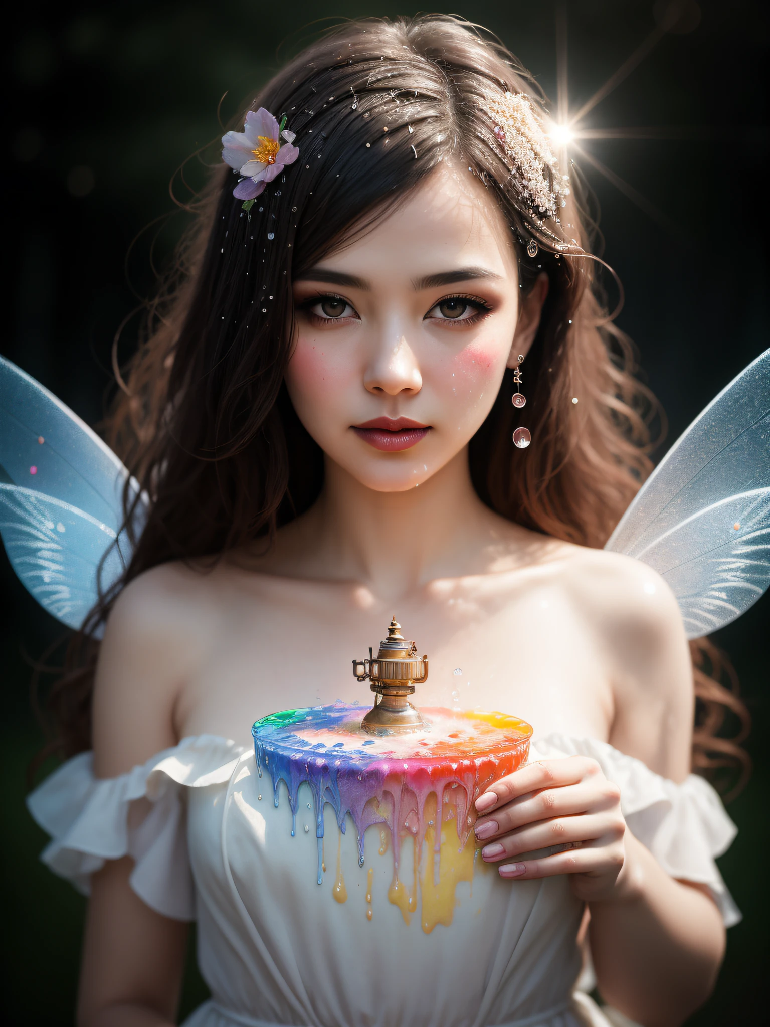 fine art masterclass splash spray trickle daubs of rainbow opaline Prisma Sakuraoil color,Steampunk celestial ethereal ghostly Fairy, HDR, ultra high-detail, centered, bokeh, lens flare, foggy dusk, bloom, light bloom, cinematic lighting, high dynamic range, depth of field, full pose