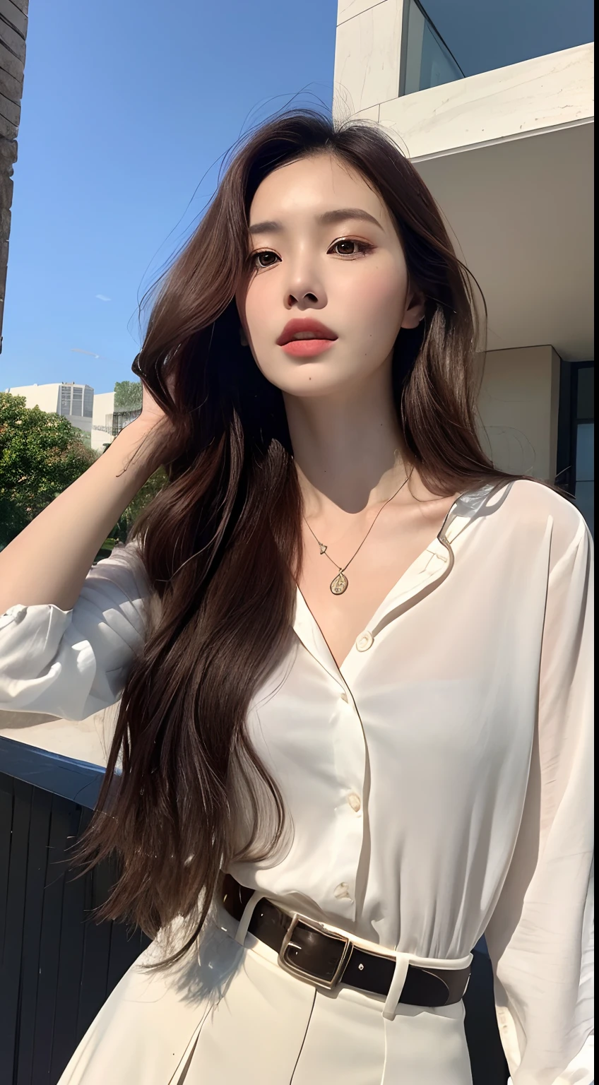 (Best quality, High resolution, Masterpiece :1.3), A tall and pretty woman, Slender abs, Dark brown hair styled in loose waves, Breasts, Wearing pendant, White button up shirt, Belt, Black skirt, (Modern architecture in background), Details exquisitely rendered in the face and skin texture, Detailed eyes, Double eyelid