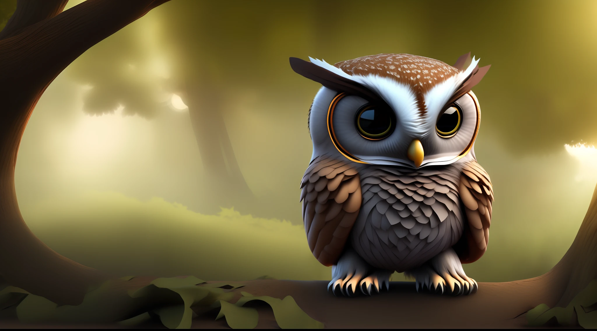 cinematic shot of realistic cute anthro(owl) , surounded by trees, seamless, epic, cinematic, intricate detail, award winning, great lighting, shading, high quality, detailed, disney style, design for children book