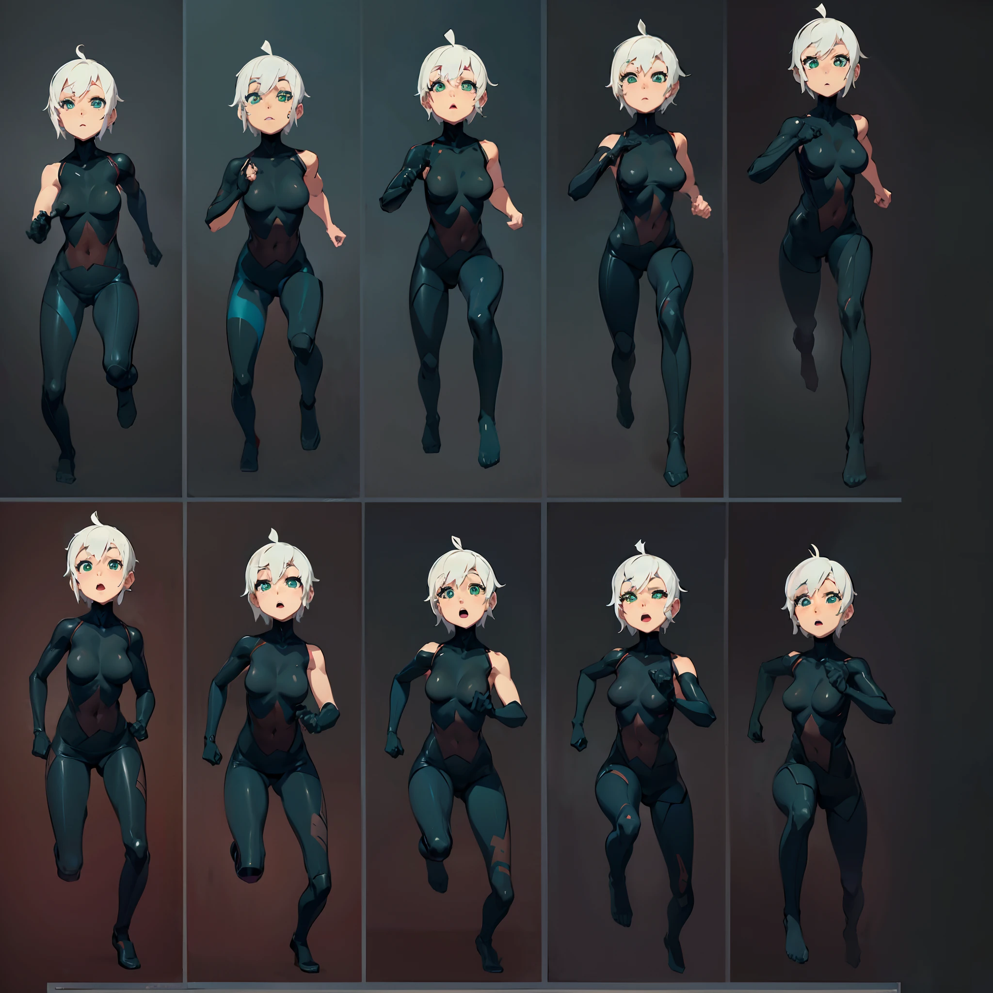 10 positions, (((( same character )))) , multiple views, 10 images, 10 front view, (((character design sheet, same character))), ((character concept art)), anime character design, highly detailed character design, maple story character art,((Best quality)), ((masterpiece)), ((highly intricate details)),beautiful, high quality, 1girl, with green_eyes, short_hair, white hair, anime full body illustration, full body cgsociety, full body, demon girl, oppai, biomechanical oppai,multiple poses, various poses, different poses, various pose, sprite sheet, black clothes, all black clothes, (((( same character )))), the anime girl is running, running sequence, various pose, default pose neutral expression, fullbody dynamic poses, character animation, running pose, dynamic poses, dynamic pose perspective, pose reference, style of titmouse animation, full body with dynamic pose, fullbody shot turnaround, various action poses, animation sprite sheet