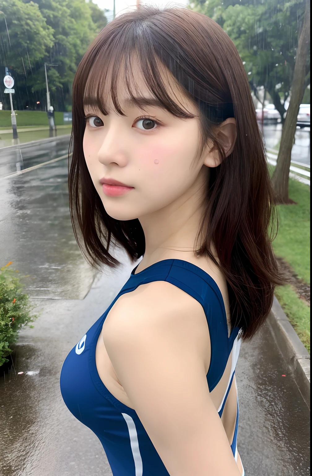Close up portrait of woman walking in park in competitive swimsuit、Japan Person Model、Young Sensual Gravure Idol、Young cute gravure idol、Realistic Young Gravure Idol、Realistic sensual gravure idol、Young gravure idols、sophisticated gravure idol、奈良美智、Young skinny gravure idol、beautifull asian girl ever、oppai、clong legs((top-quality、8k、masterpiece:1.3))、focus:1.2、Perfect Body Beauty:1.4、s ass:1.2、(Layered Haircut:1.2))、(rain、street:1.3)、Highly detailed facial and skin texture、Narrow-eyed、二重まぶた、Whitening Skin、length hair、(with round face:1.5)、sweet_lolita