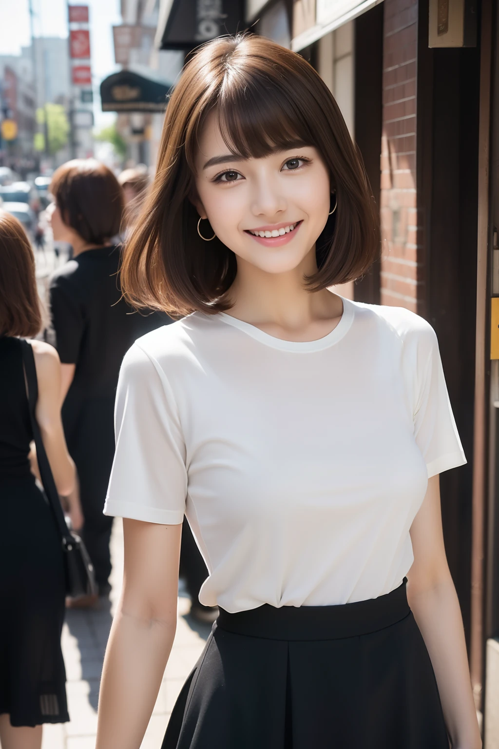 (8k, RAW photos, top quality, masterpiece: 1.2), ultra detailed, super resolution, (real, real photos: 1.37), portraits, high definition RAW color photos, professional photos, very detailed and beautiful, highly detailed, 8k wallpapers, amazing details, huge file size, official art, highly detailed CG Unity 8k wallpapers, highly detailed beautiful girls, highly detailed facesHighly detailed eyes, highly detailed skin, highly detailed fingers, Highly detailed nose, Highly detailed detailed mouth, Perfect anatomy, Highly detailed background, Highly detailed clothing, One Girl, (18:1.2), teen, cute girl, famous Japan idol, cute, realistic body, petite, white skin, radiant skin, slim body, handsome body, brown hair, short constricted curly hair, (blunt bangs:1.2), Smile, Cute, Youthful, Pretty Face, Realistic Face, Delicate Eyes, Saggy Eyes, White T-Shirt, Skirt, Earrings, Camera Gaze, Cowboy Shot, Front Face, Standing Figure, Contrappost, High Street, Public, Dynamic Lighting,