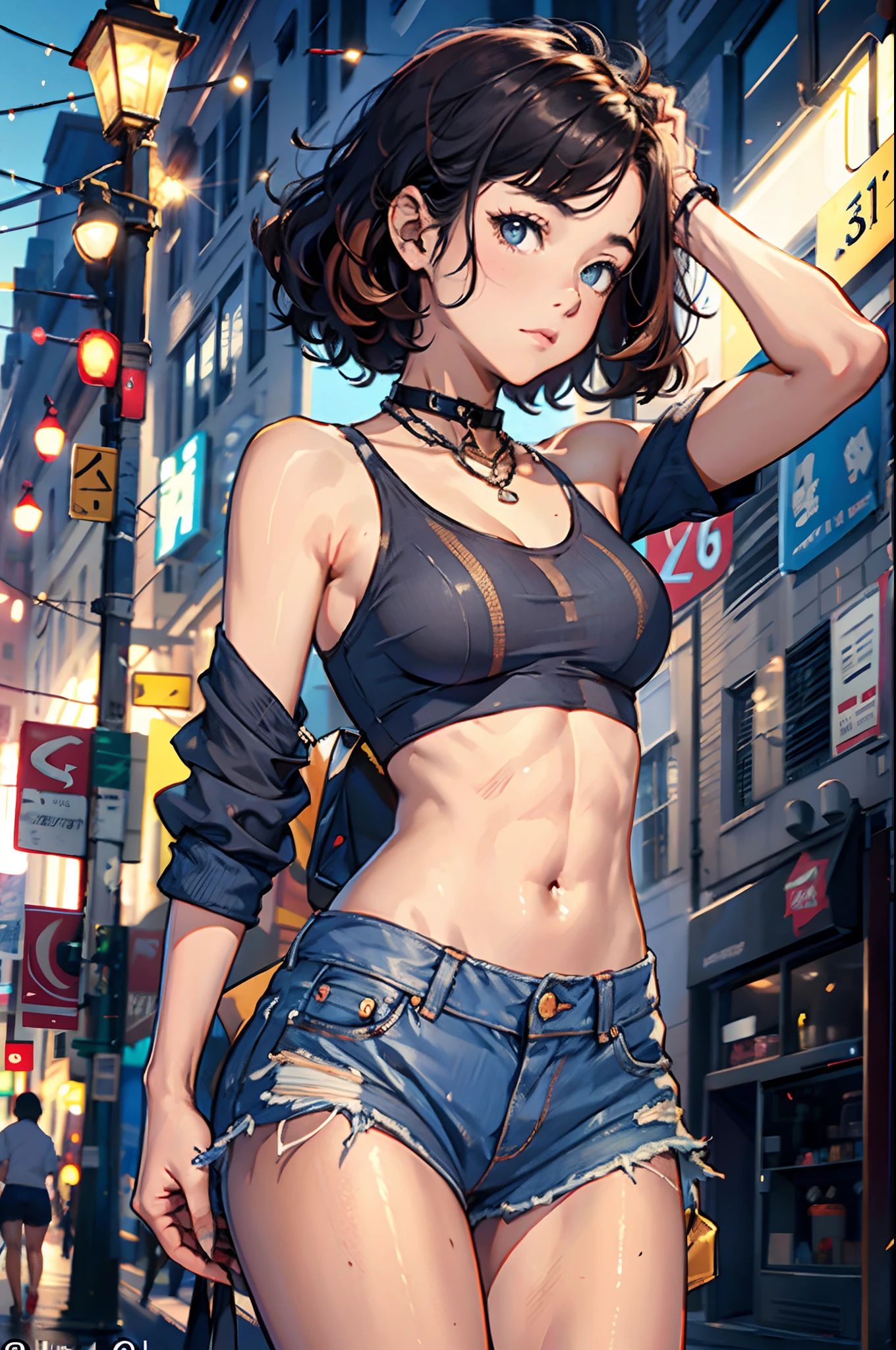 ((medium breast, tomboy girls, small head)), (chiseled abs : 1.1), (perfect body : 1.1), (short wavy hair : 1.2) , auburn hair, collar, chain, full body shot, crowded street, wearing black tanktop, jeans jacket, ((shorts)), (extremely detailed CG 8k wallpaper), (an extremely delicate and beautiful), (masterpiece), (best quality:1.0), (ultra highres:1.0)