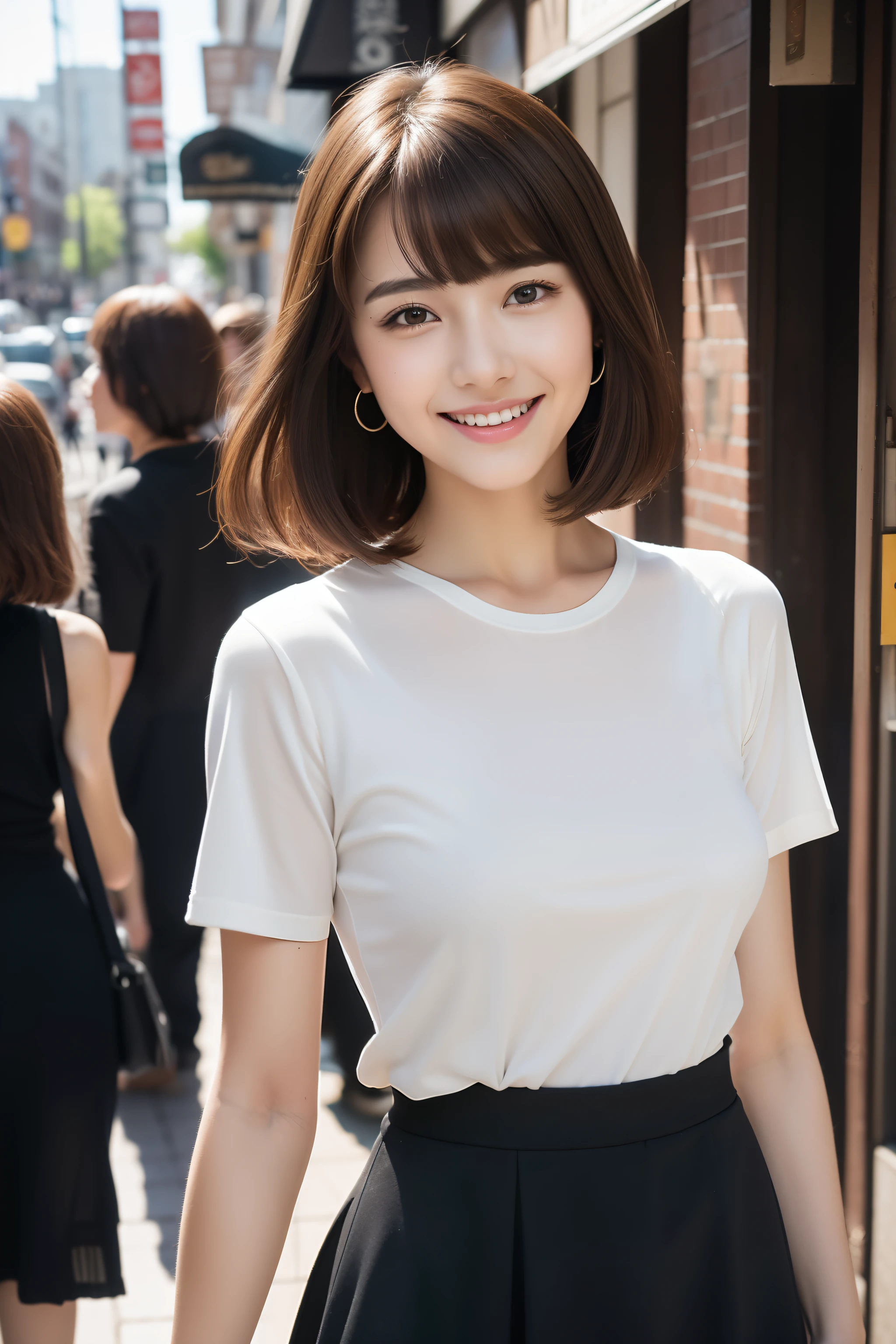 (8k, RAW photos, top quality, masterpiece: 1.2), ultra detailed, super resolution, (real, real photos: 1.37), portraits, high definition RAW color photos, professional photos, very detailed and beautiful, highly detailed, 8k wallpapers, amazing details, huge file size, official art, highly detailed CG Unity 8k wallpapers, highly detailed beautiful girls, highly detailed facesHighly detailed eyes, highly detailed skin, highly detailed fingers, Highly detailed nose, Highly detailed detailed mouth, Perfect anatomy, Highly detailed background, Highly detailed clothing, One Girl, (18:1.2), teen, cute girl, famous Japan idol, cute, realistic body, petite, white skin, radiant skin, slim body, handsome body, brown hair, short constricted curly hair, (blunt bangs:1.2), Smile, Cute, Youthful, Pretty Face, Realistic Face, Delicate Eyes, Saggy Eyes, White T-Shirt, Skirt, Earrings, Camera Gaze, Cowboy Shot, Front Face, Standing Figure, Contrappost, High Street, Public, Dynamic Lighting,