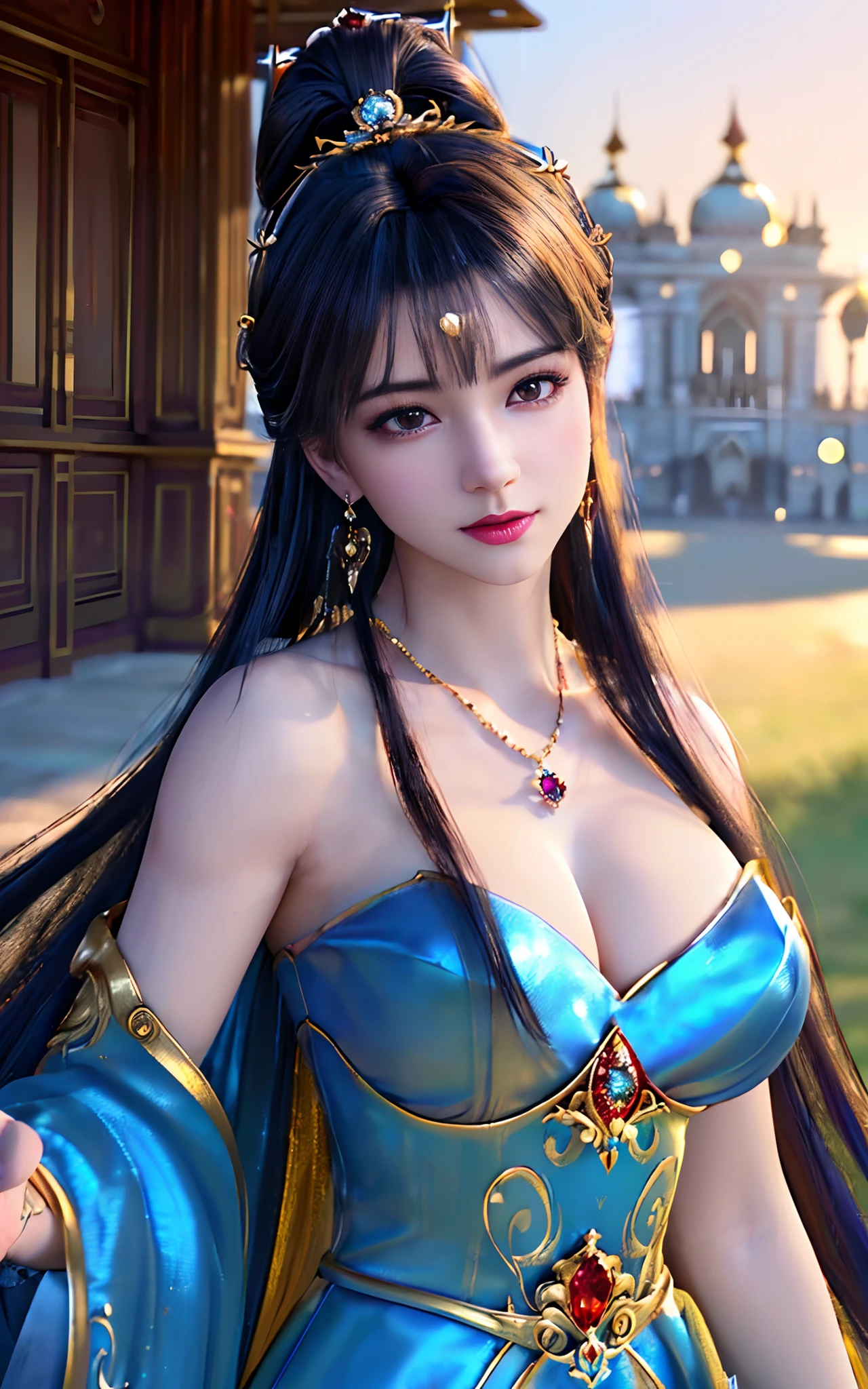 ((realisticity: 1.2)), ((best resolution: 8K UHD)), best quality,masterpiece,highres,cg,
((1 super detailed and super realistic girl)), ((very beautiful queen dazzling, super realistic, and super detailed)),((white skin, beautiful, smooth, youthful, super realistic and super detailed
)), long hair, ((super realistic and super detailed dress)), solo, ((super realistic, super beautiful, gorgeous and super detailed jewelry)), ((super beautiful, super realistic and super detailed dark red and golden yellow dress)),
((super beautiful, super realistic, super detailed diamond filled earrings)),
  ((super beautiful, super realistic and super detailed diamond filled hair ornament)), ((super beautiful upper body, super beautiful, super realistic and super detailed)), ((big breasts: 2.5)), 
((super grand, super realistic and super detailed royal palace backgroun))
((super beautiful, super beautiful, super realistic and super detailed hair bun)), ((super beautiful, super realistic and super detailed blue hair)),
candid, Photograph, high resolution, 8k,Bokeh,