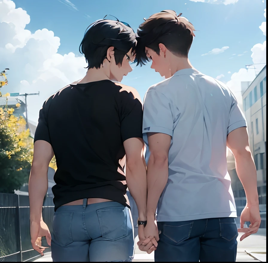 gay male couple,((2male)),yaoi,holding hands,face to face,sunny,sky,wind,tree,blue style
