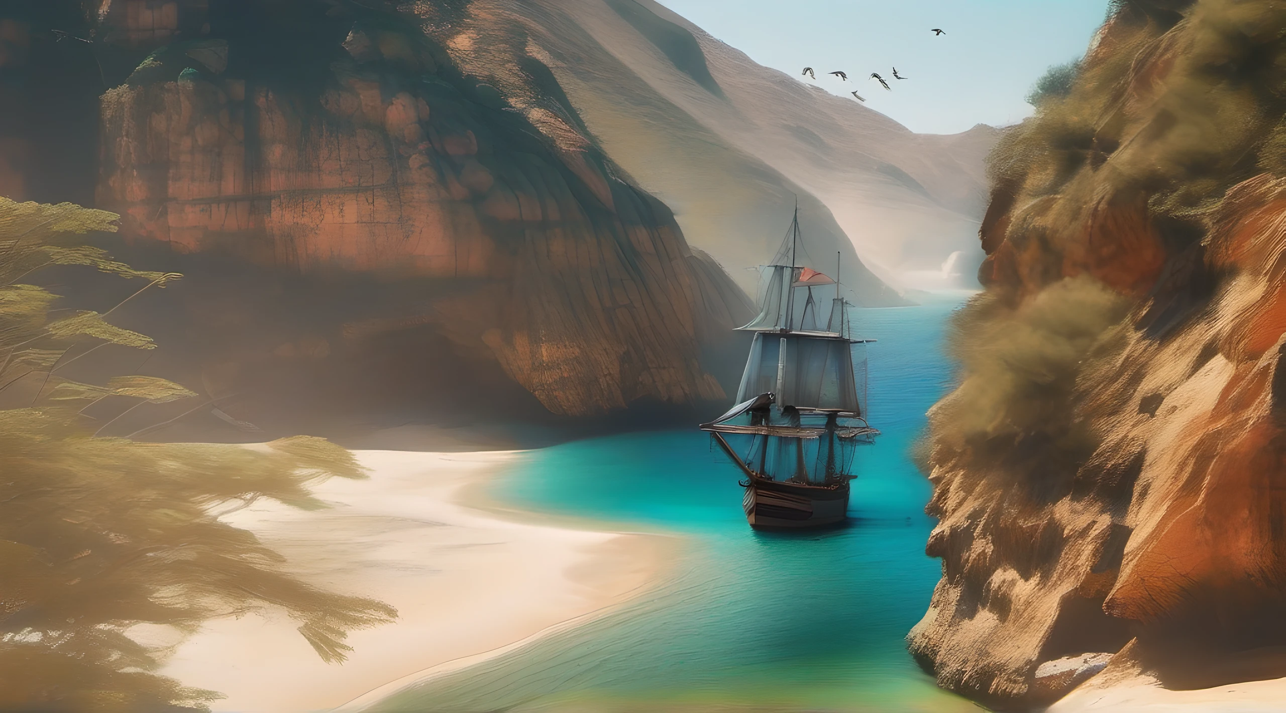 Navio pirata no mar com um homem parado em uma doca, navio pirata no fundo, navio pirata velho, navio pirata, veleiro, Arte digital altamente detalhada em 4k, em um fundo de navio pirata, 8k arte detalhada de alta qualidade, Navio no lago, um navio pirata impossivelmente enorme, muito alto detalhamento, um navio em uma ilha deserta, pintura detalhada 4K