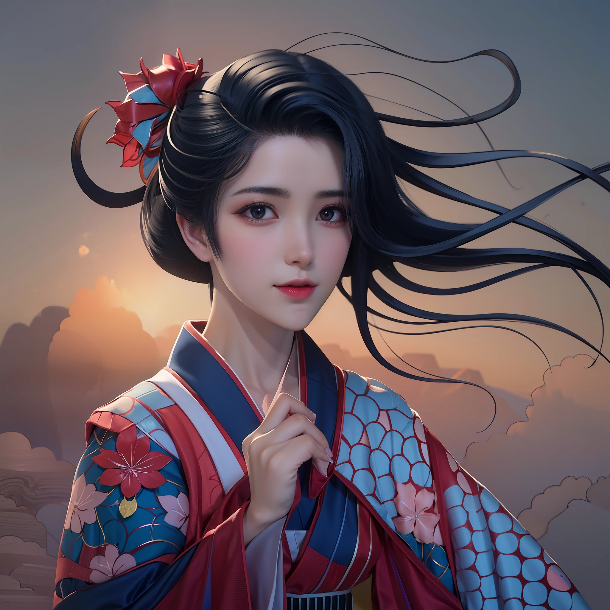 Menina anime com cabelo azul e um quimono vermelho, a beautiful artwork illustration, japanese art style, Gueixa da beleza, illustration Anime style, No estilo de arte de Ukiyo - E, Digital anime illustration, Deusa japonesa, inspired by Itō Shinsui, Retrato de uma gueixa bonita, mulher bonita do anime, exquisite digital illustration, Beautiful digital illustration.
